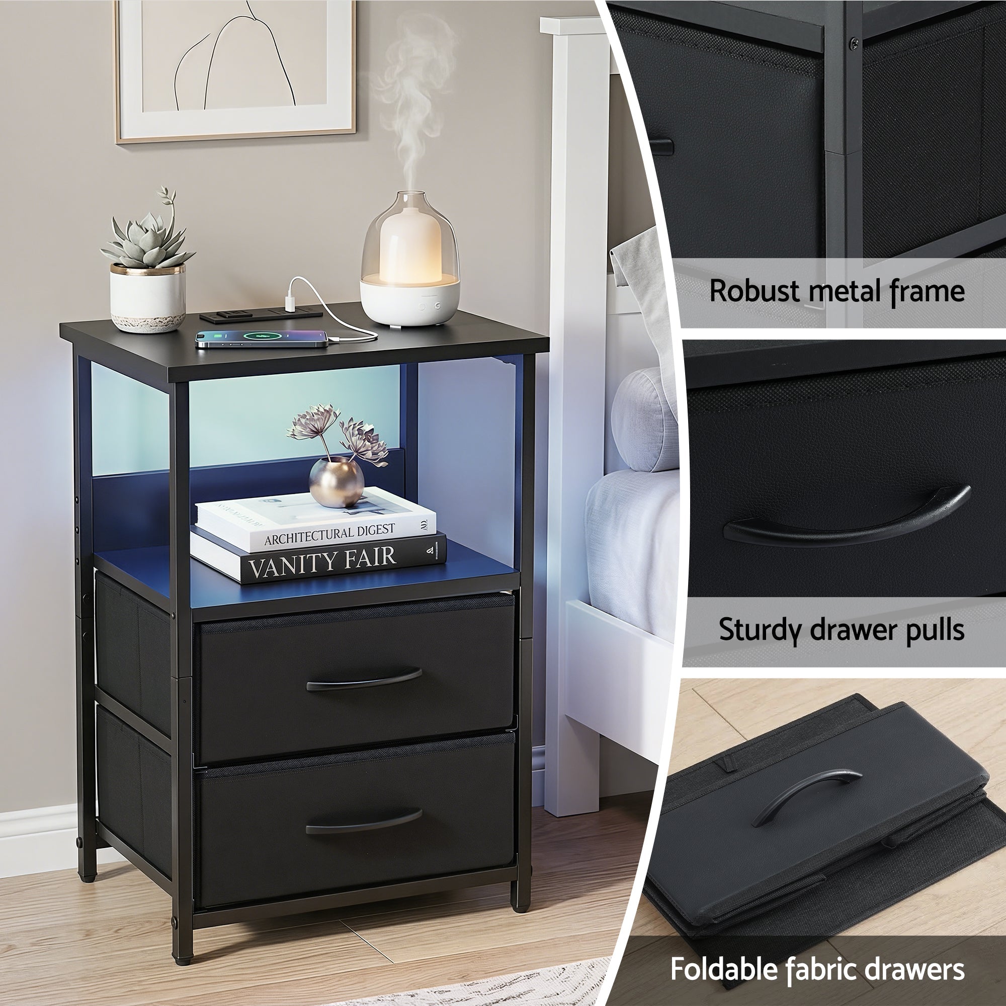 Bedside Table LED Nightstand Charging Station 2 Drawers Foldable Black - Furniture > Bedroom > Bedside Tables - Rivercity House & Home Co. (ABN 18 642 972 209) - Affordable Modern Furniture Australia