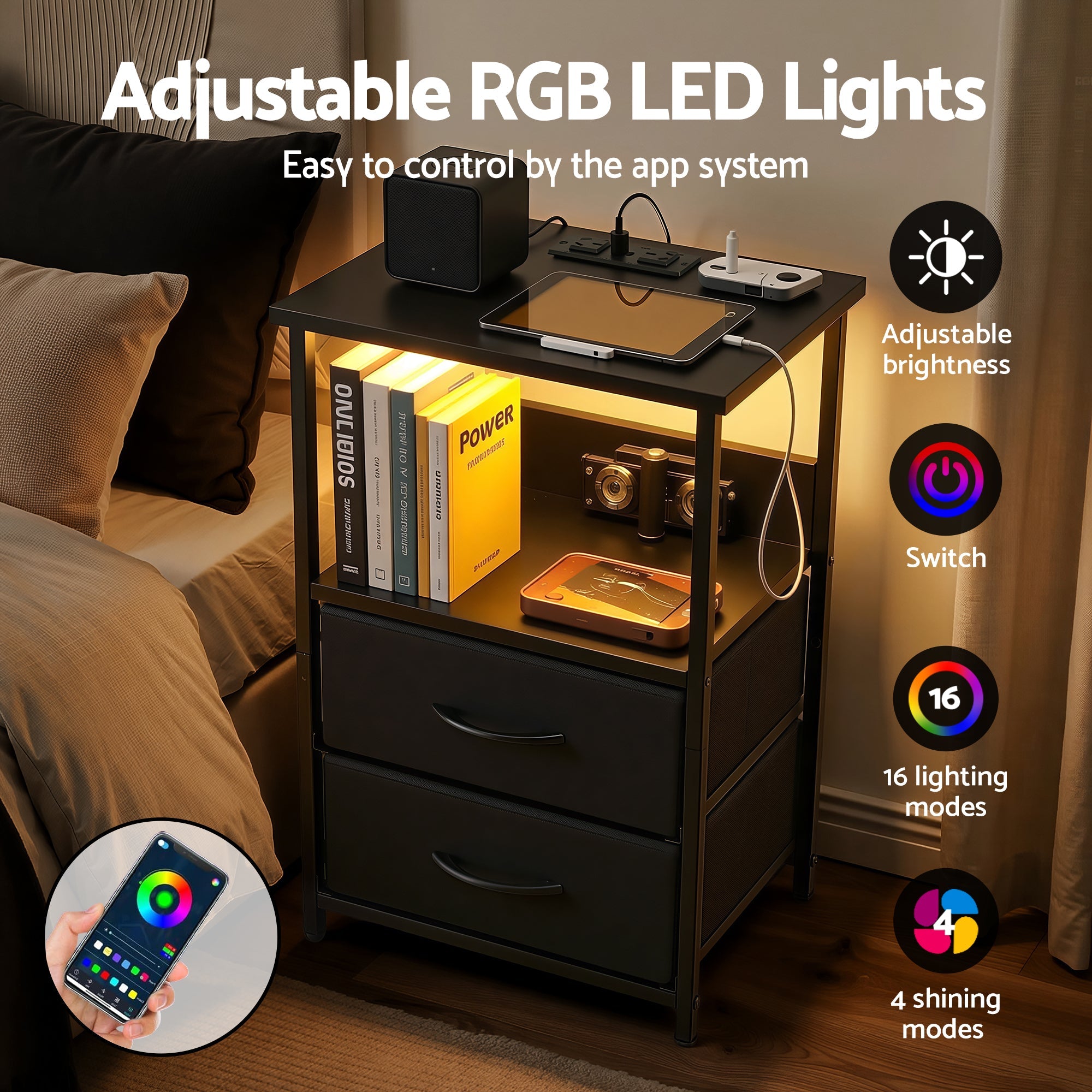 Bedside Table LED Nightstand Charging Station 2 Drawers Foldable Black - Furniture > Bedroom > Bedside Tables - Rivercity House & Home Co. (ABN 18 642 972 209) - Affordable Modern Furniture Australia