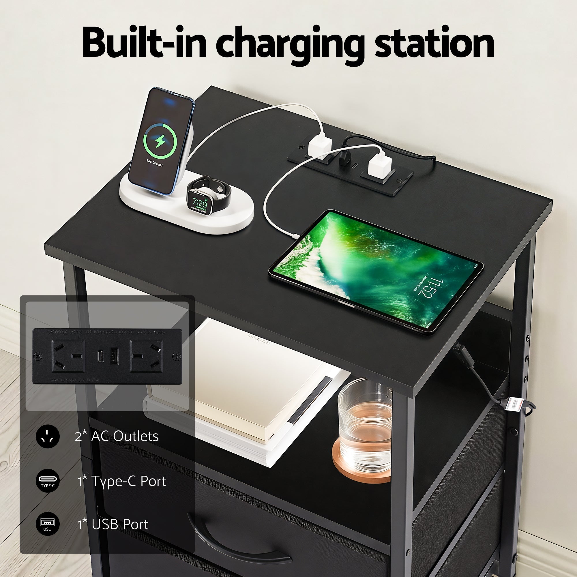 Bedside Table LED Nightstand Charging Station 2 Drawers Foldable Black - Furniture > Bedroom > Bedside Tables - Rivercity House & Home Co. (ABN 18 642 972 209) - Affordable Modern Furniture Australia