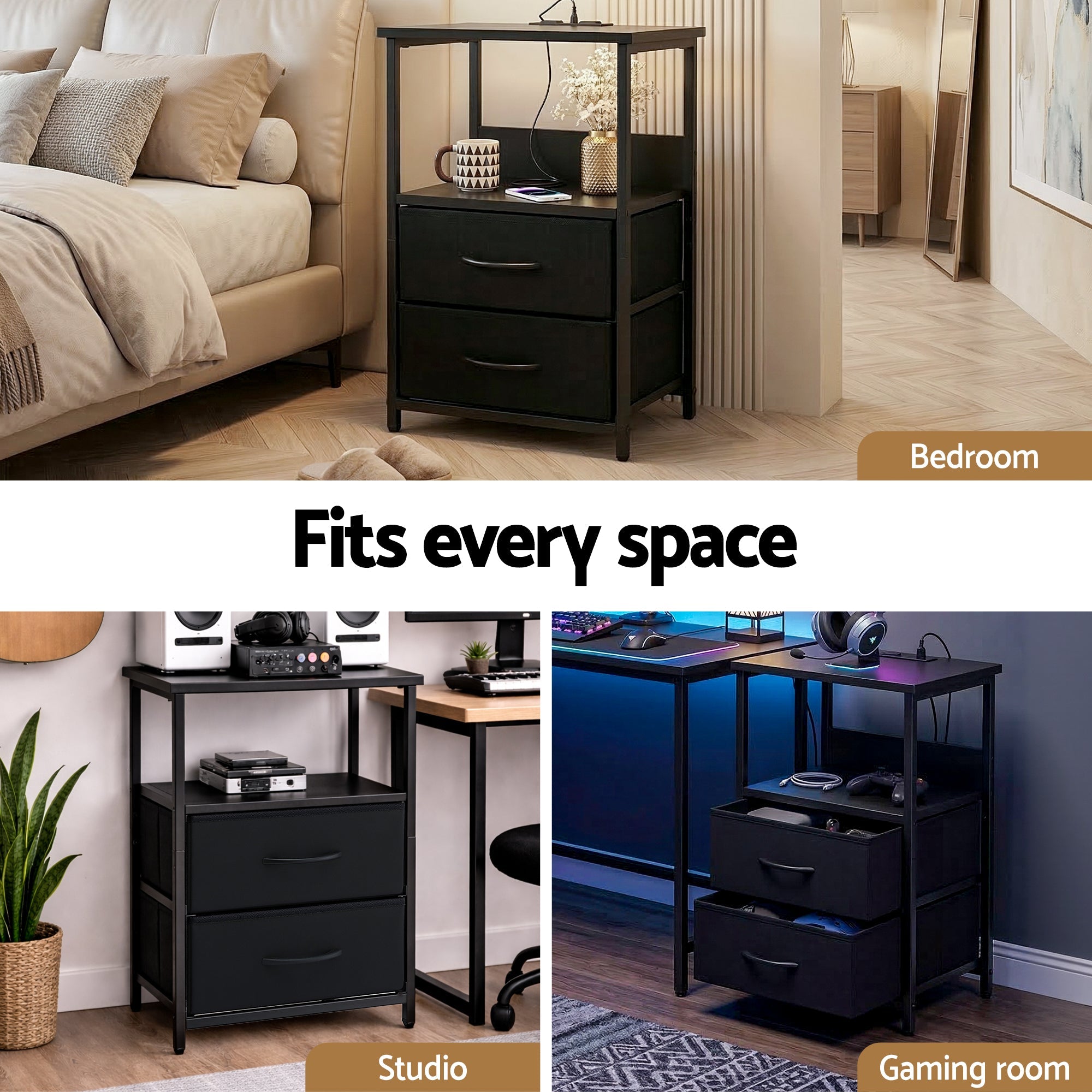 Bedside Table LED Nightstand Charging Station 2 Drawers Foldable Black - Furniture > Bedroom > Bedside Tables - Rivercity House & Home Co. (ABN 18 642 972 209) - Affordable Modern Furniture Australia