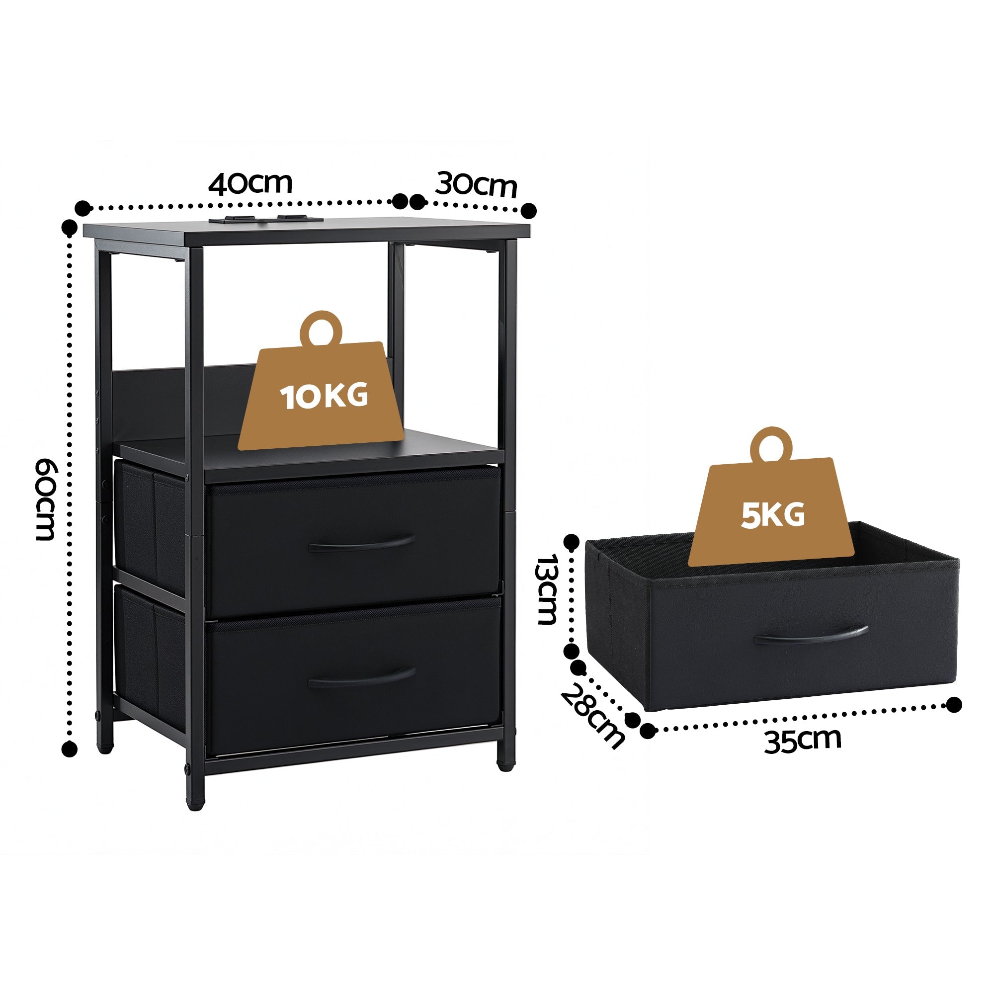 Bedside Table LED Nightstand Charging Station 2 Drawers Foldable Black - Furniture > Bedroom > Bedside Tables - Rivercity House & Home Co. (ABN 18 642 972 209) - Affordable Modern Furniture Australia