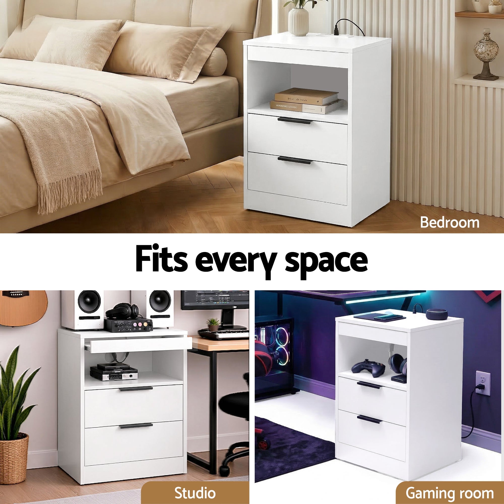 Bedside Table LED Nightstand Charging Station 2 Drawers - White - Furniture > Bedroom > Bedside Tables - Rivercity House & Home Co. (ABN 18 642 972 209) - Affordable Modern Furniture Australia