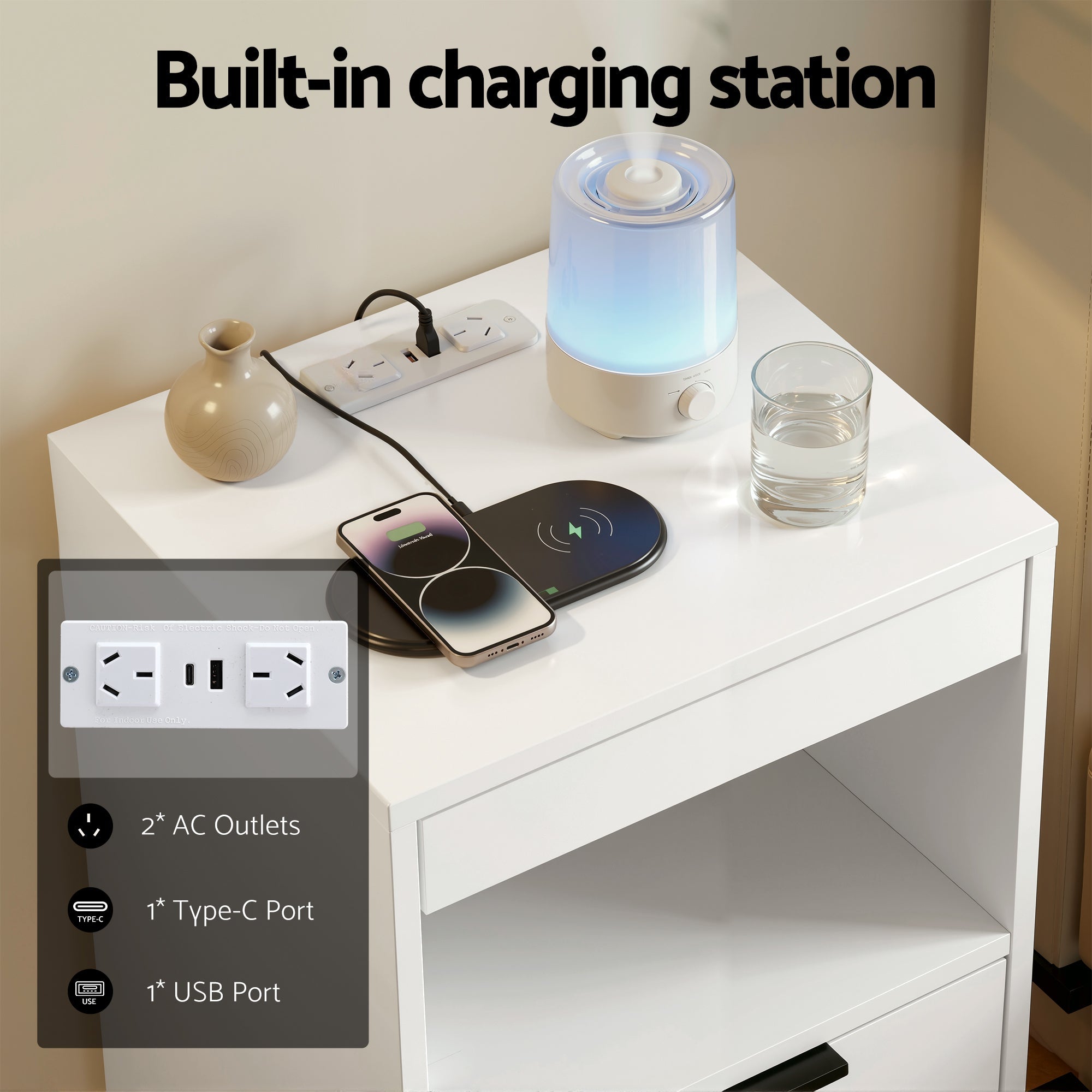 Bedside Table LED Nightstand Charging Station 2 Drawers - White - Furniture > Bedroom > Bedside Tables - Rivercity House & Home Co. (ABN 18 642 972 209) - Affordable Modern Furniture Australia