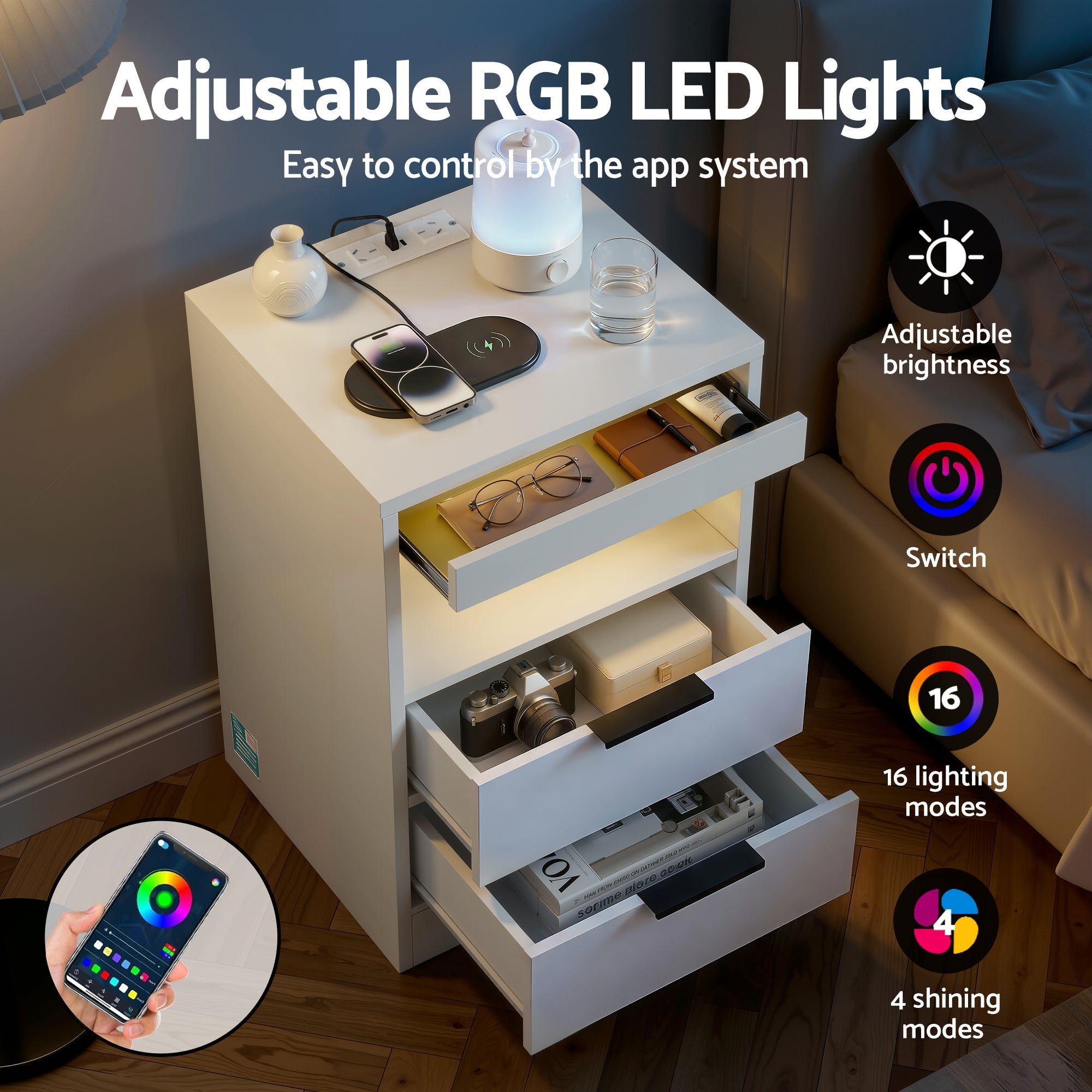 Bedside Table LED Nightstand Charging Station 2 Drawers - White - Furniture > Bedroom > Bedside Tables - Rivercity House & Home Co. (ABN 18 642 972 209) - Affordable Modern Furniture Australia