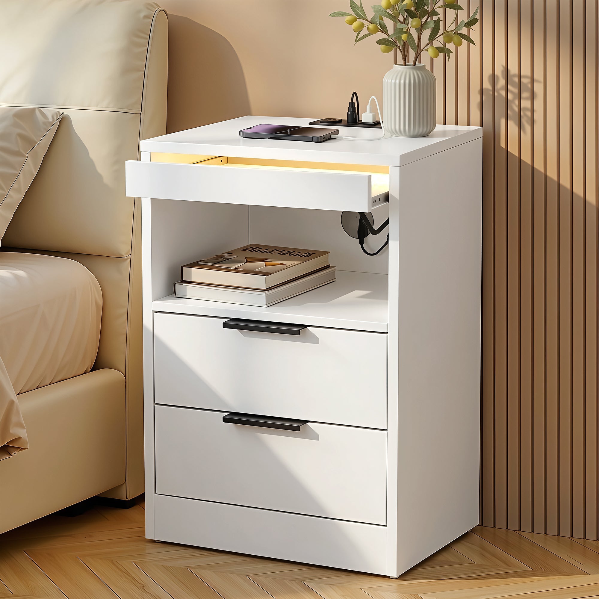 Bedside Table LED Nightstand Charging Station 2 Drawers - White - Furniture > Bedroom > Bedside Tables - Rivercity House & Home Co. (ABN 18 642 972 209) - Affordable Modern Furniture Australia