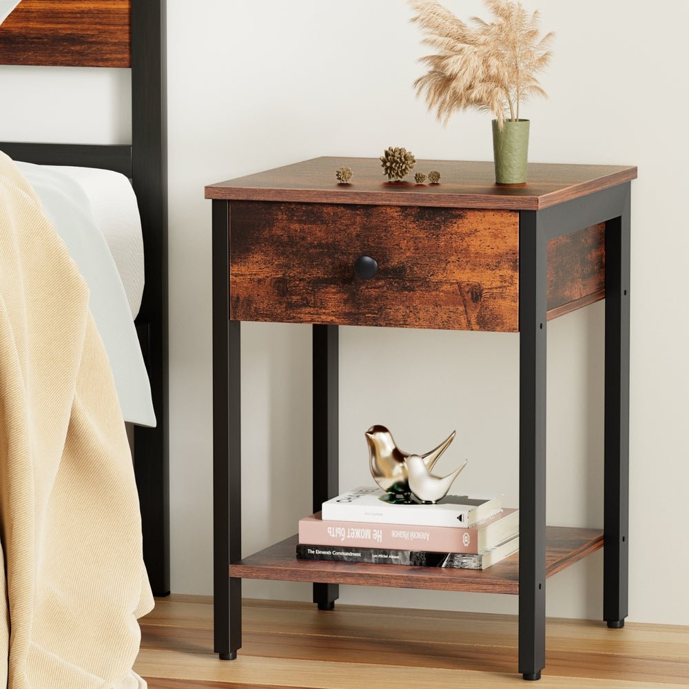 Bedside Table Nightstand 1 Drawer Shelves Walnut - Furniture > Bedroom > Bedside Tables - Rivercity House & Home Co. (ABN 18 642 972 209) - Affordable Modern Furniture Australia