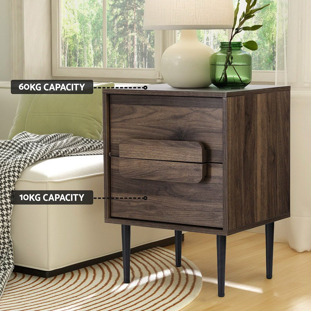 Bedside Table Nightstand 2 Drawers - Walnut - Furniture > Bedroom - Rivercity House & Home Co. (ABN 18 642 972 209) - Affordable Modern Furniture Australia