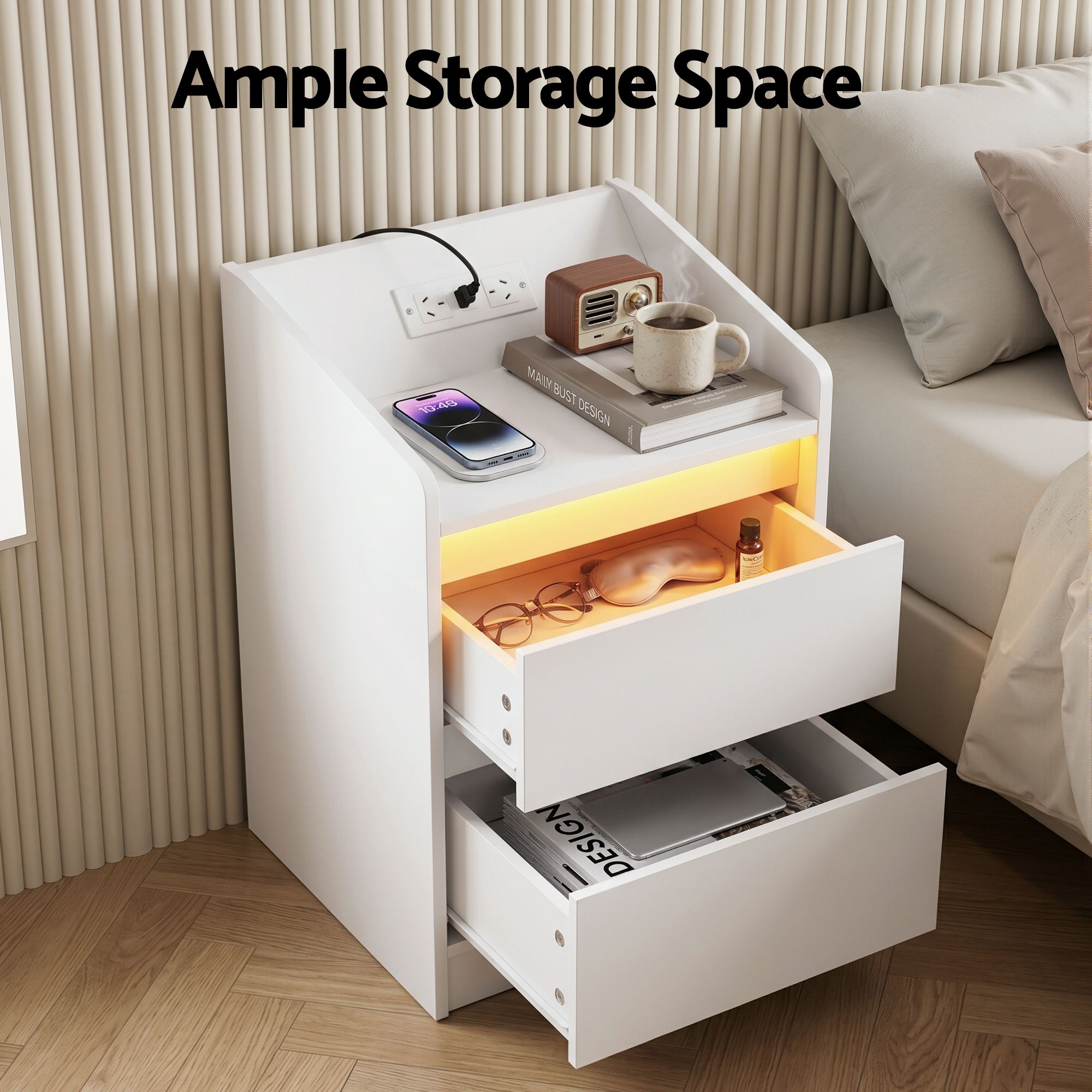 Bedside Table Nightstand with Charging Station 2 Drawers LED White - Furniture > Bedroom > Bedside Tables - Rivercity House & Home Co. (ABN 18 642 972 209) - Affordable Modern Furniture Australia