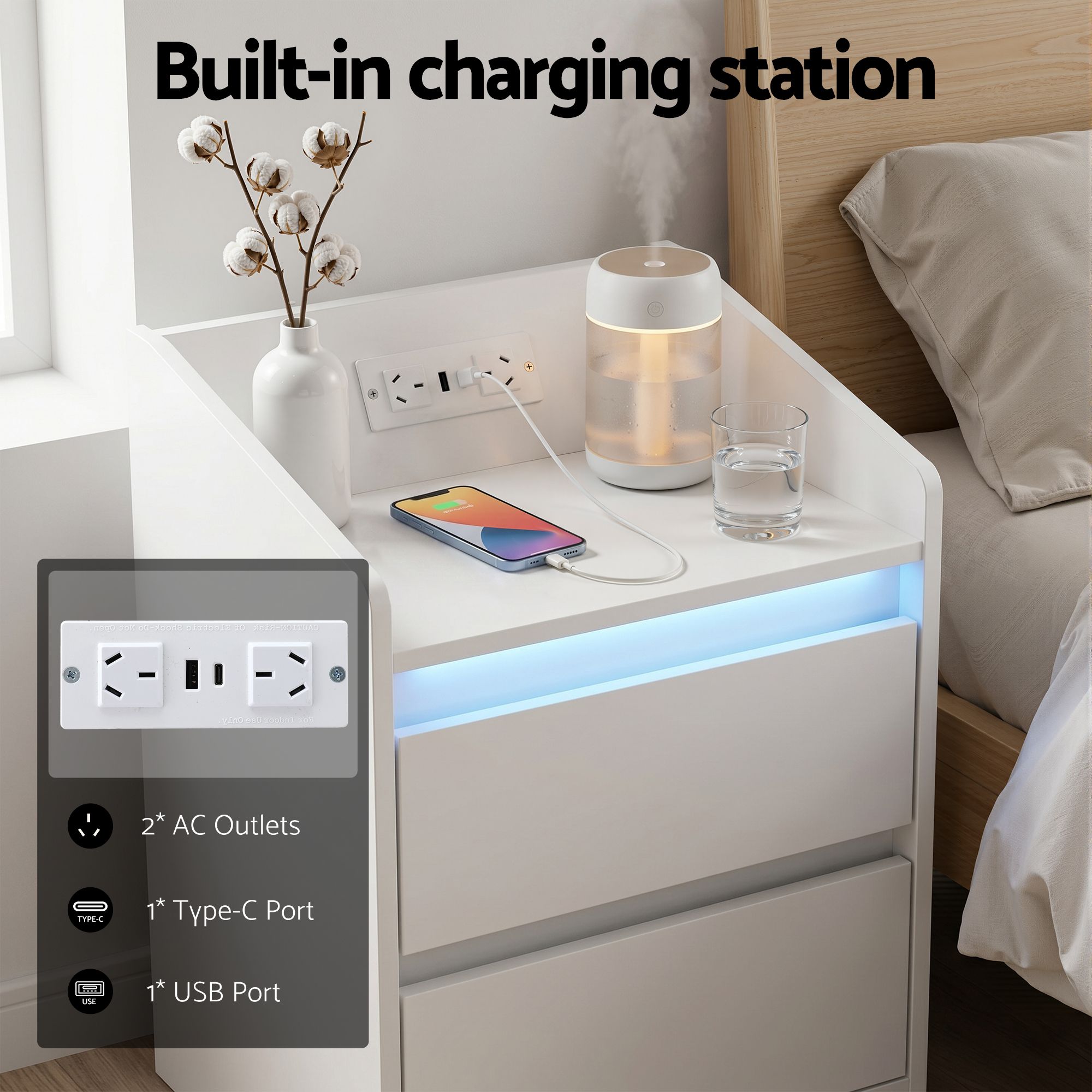 Bedside Table Nightstand with Charging Station 2 Drawers LED White - Furniture > Bedroom > Bedside Tables - Rivercity House & Home Co. (ABN 18 642 972 209) - Affordable Modern Furniture Australia