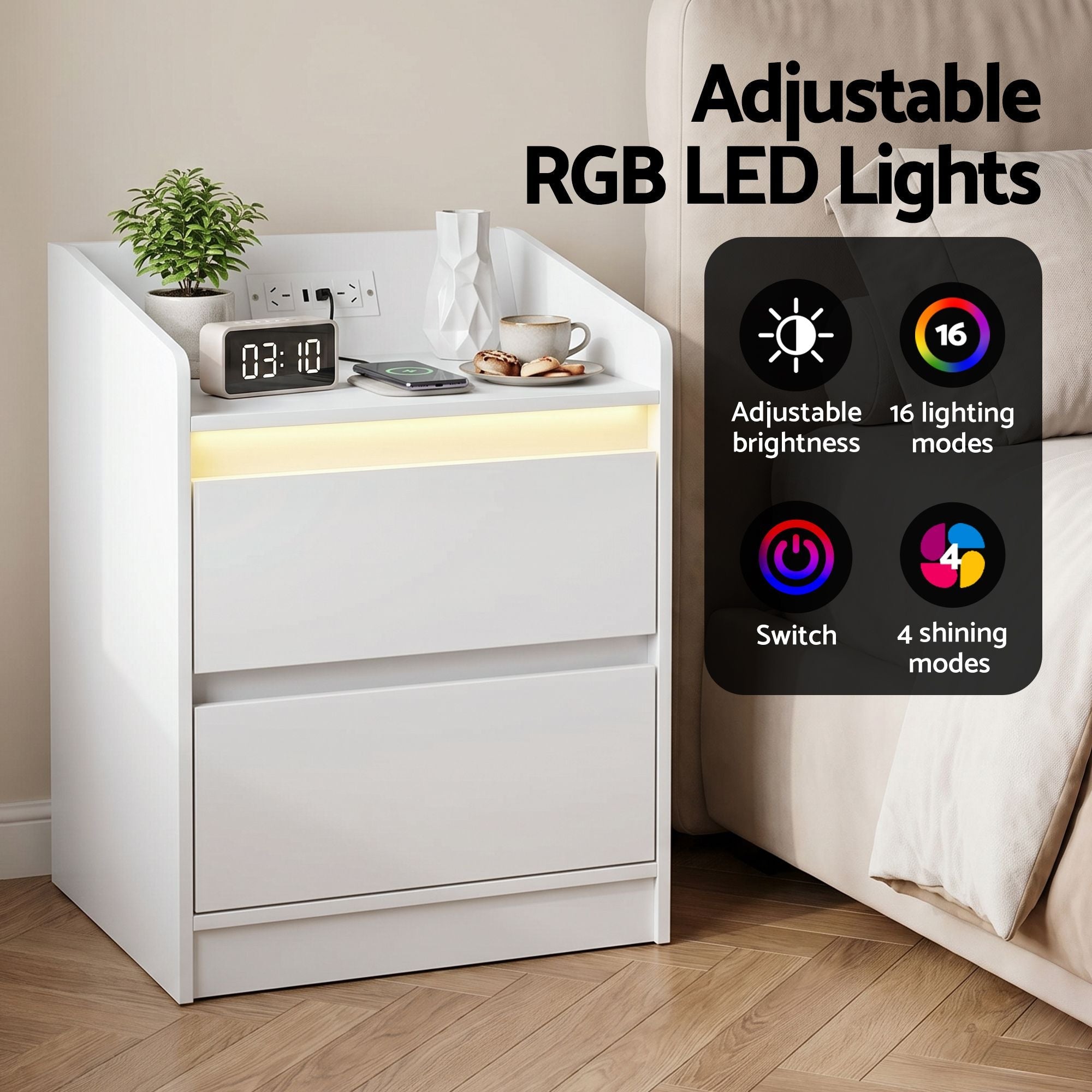 Bedside Table Nightstand with Charging Station 2 Drawers LED White - Furniture > Bedroom > Bedside Tables - Rivercity House & Home Co. (ABN 18 642 972 209) - Affordable Modern Furniture Australia