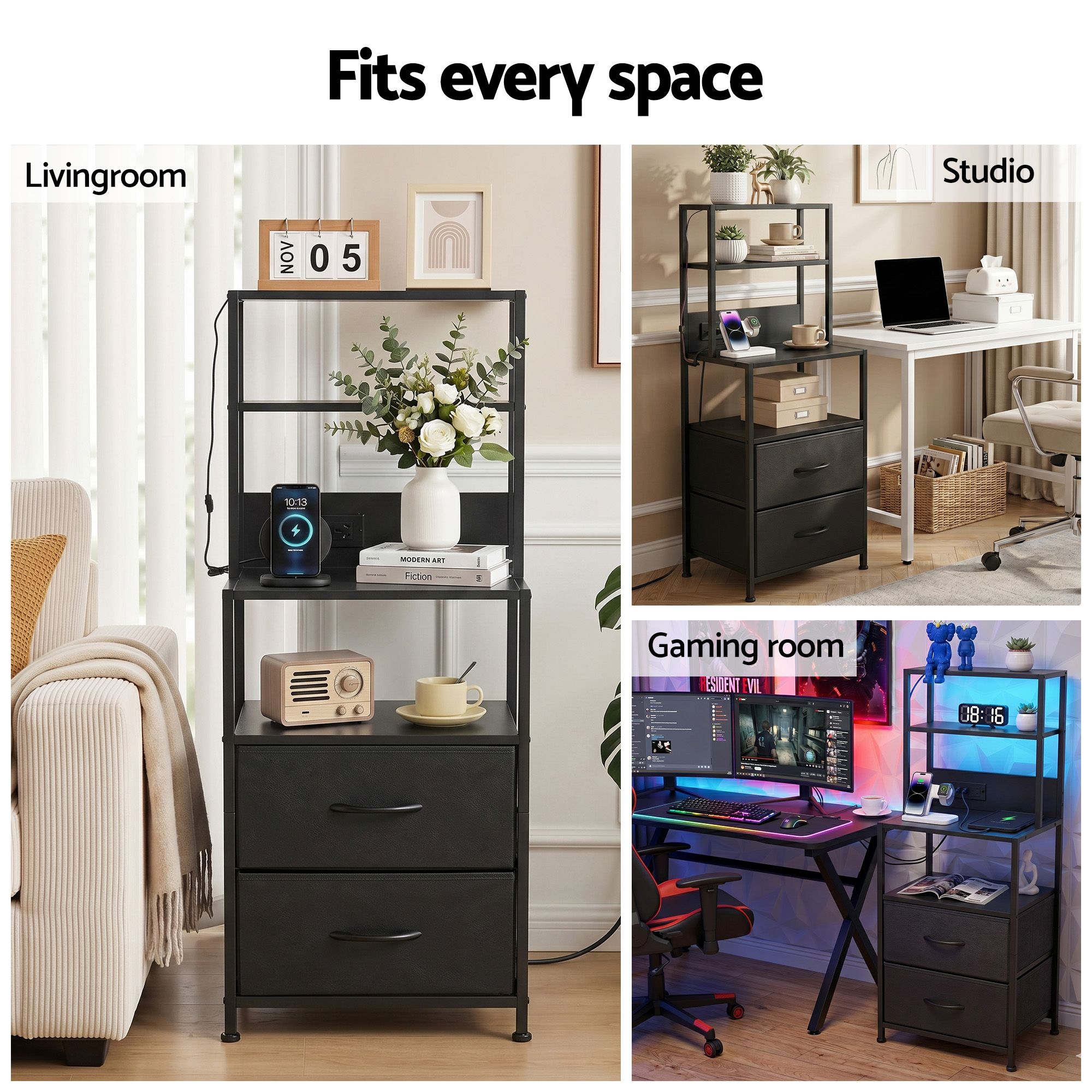 Bedside Table Tall Nightstand with Charging Station Drawers LED Black - Furniture > Bedroom > Bedside Tables - Rivercity House & Home Co. (ABN 18 642 972 209) - Affordable Modern Furniture Australia