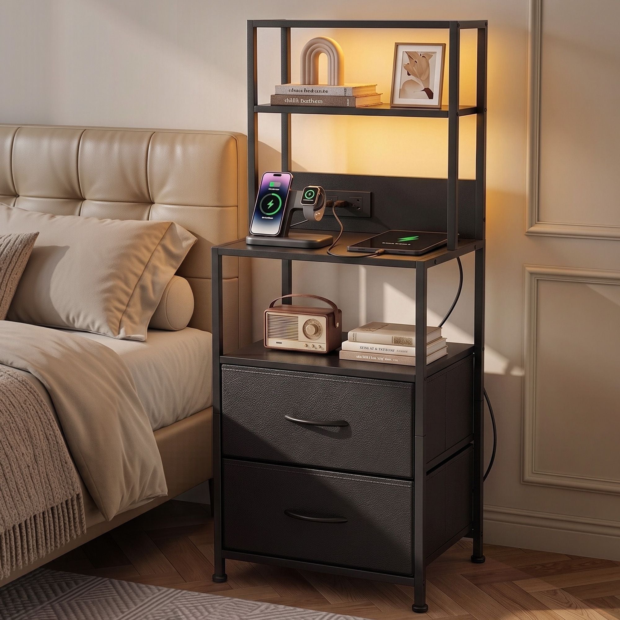 Bedside Table Tall Nightstand with Charging Station Drawers LED Black - Furniture > Bedroom > Bedside Tables - Rivercity House & Home Co. (ABN 18 642 972 209) - Affordable Modern Furniture Australia
