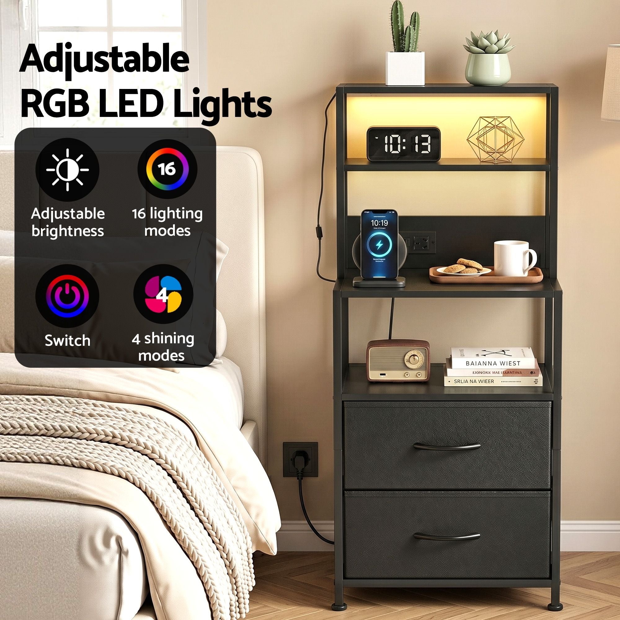 Bedside Table Tall Nightstand with Charging Station Drawers LED Black - Furniture > Bedroom > Bedside Tables - Rivercity House & Home Co. (ABN 18 642 972 209) - Affordable Modern Furniture Australia