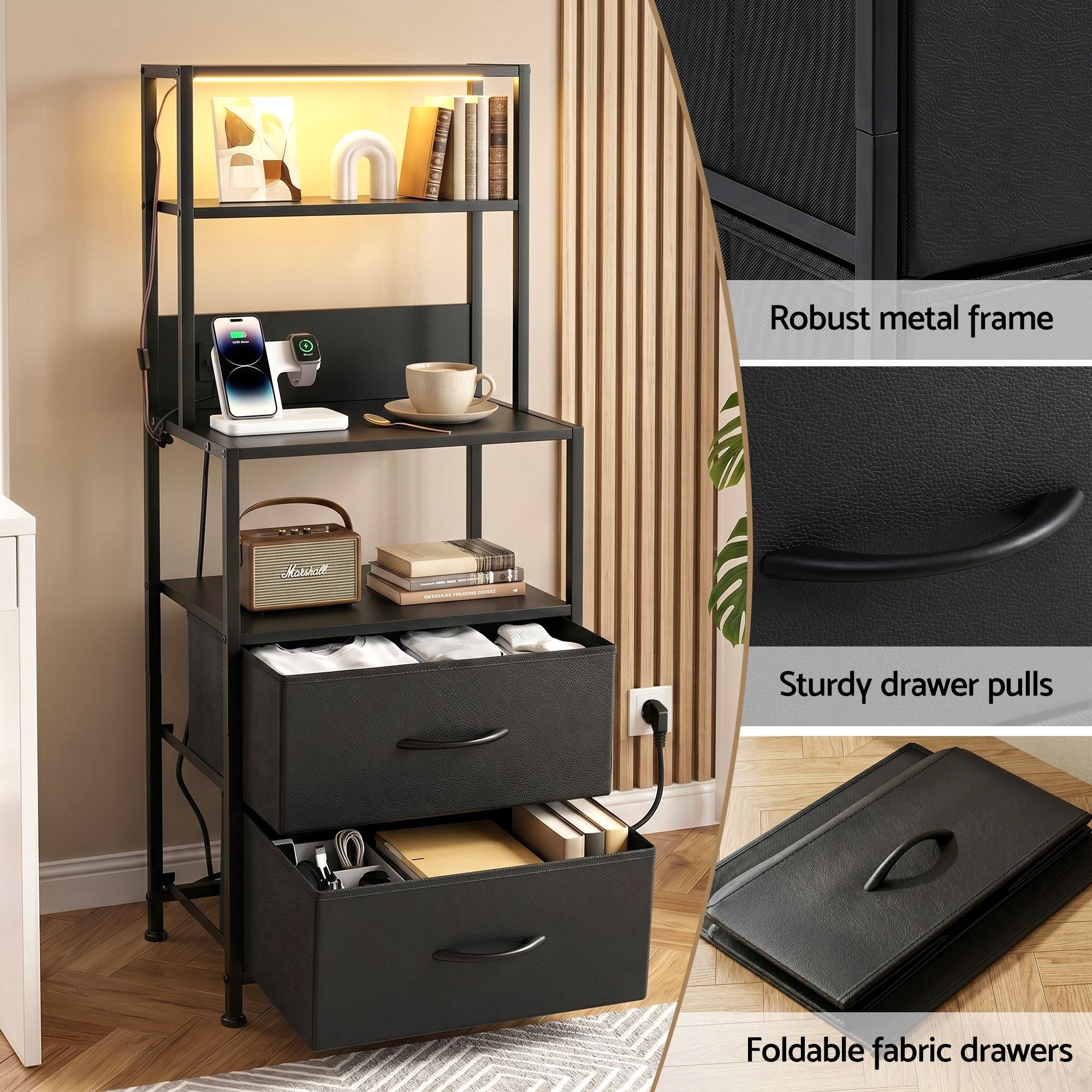 Bedside Table Tall Nightstand with Charging Station Drawers LED Black - Furniture > Bedroom > Bedside Tables - Rivercity House & Home Co. (ABN 18 642 972 209) - Affordable Modern Furniture Australia