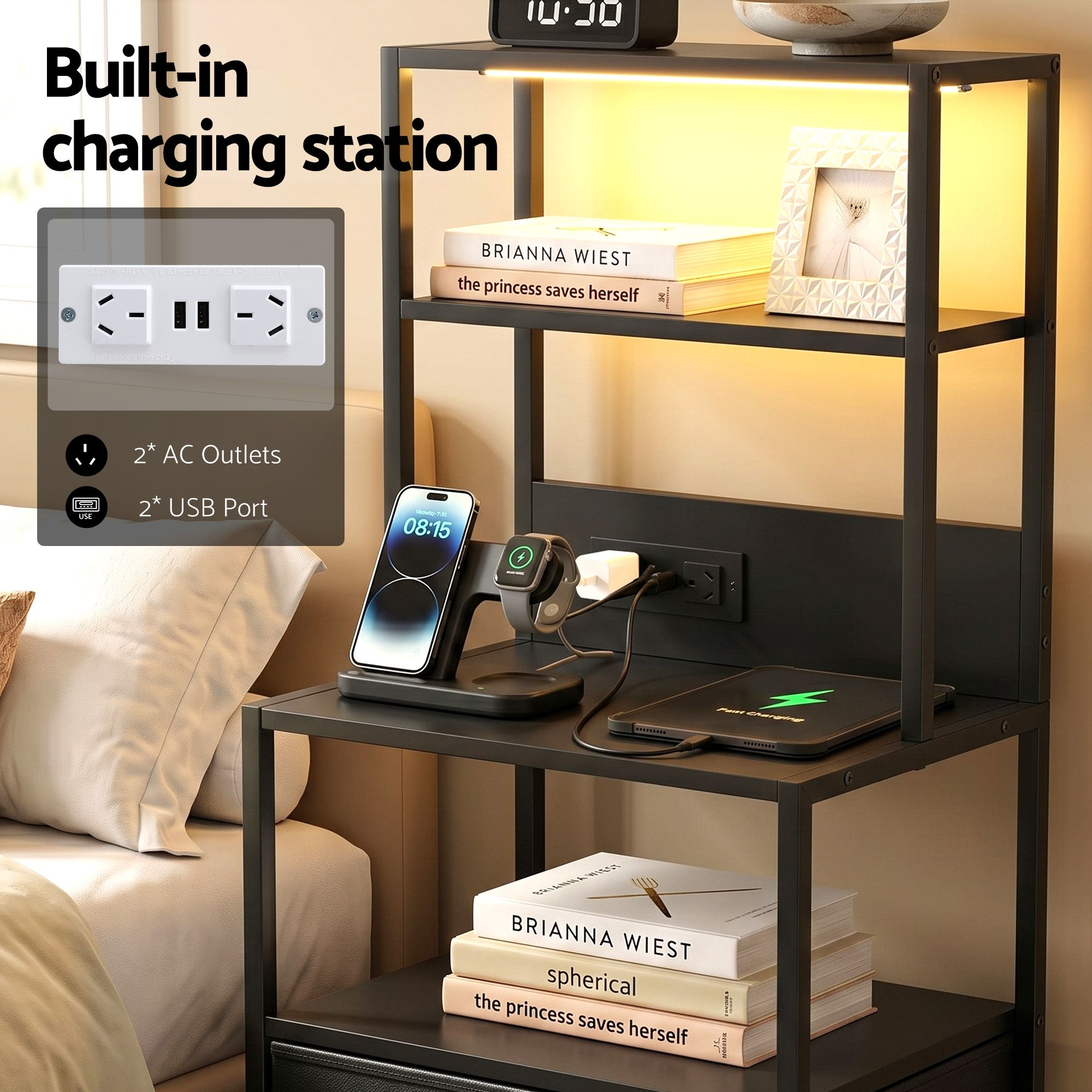 Bedside Table Tall Nightstand with Charging Station Drawers LED Black - Furniture > Bedroom > Bedside Tables - Rivercity House & Home Co. (ABN 18 642 972 209) - Affordable Modern Furniture Australia
