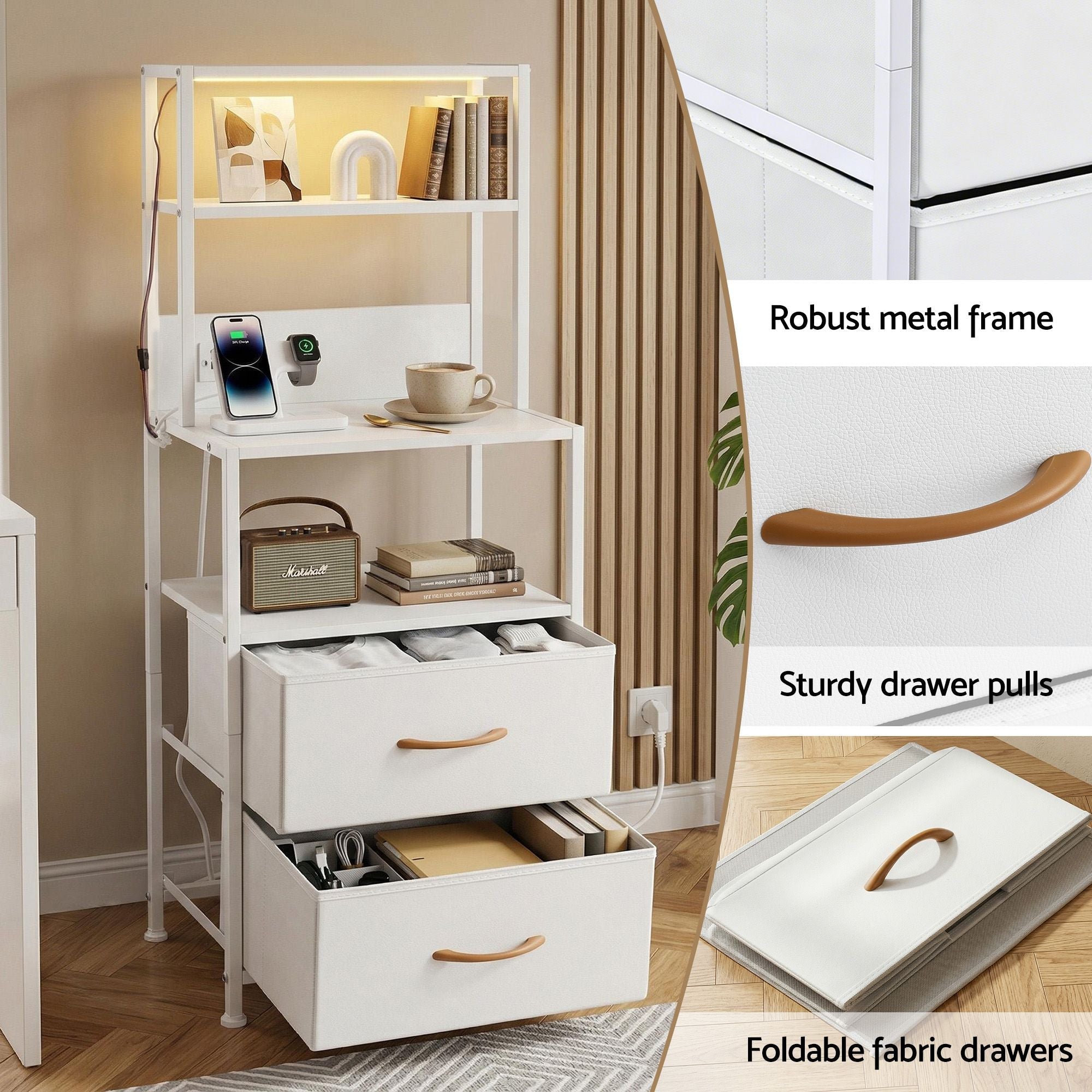 Bedside Table Tall Nightstand with Charging Station Drawers LED White - Furniture > Bedroom > Bedside Tables - Rivercity House & Home Co. (ABN 18 642 972 209) - Affordable Modern Furniture Australia