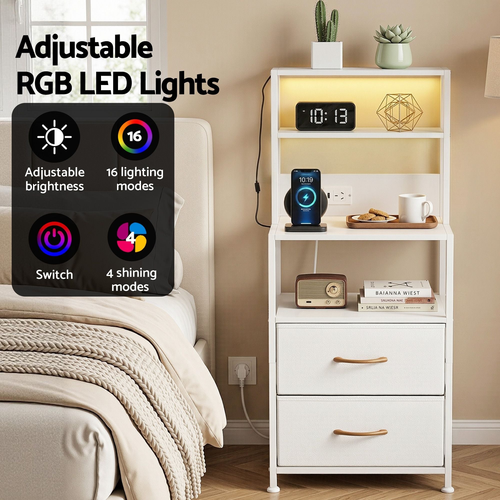 Bedside Table Tall Nightstand with Charging Station Drawers LED White - Furniture > Bedroom > Bedside Tables - Rivercity House & Home Co. (ABN 18 642 972 209) - Affordable Modern Furniture Australia