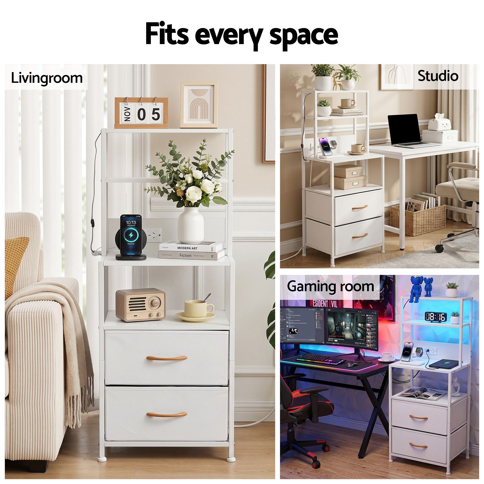 Bedside Table Tall Nightstand with Charging Station Drawers LED White - Furniture > Bedroom > Bedside Tables - Rivercity House & Home Co. (ABN 18 642 972 209) - Affordable Modern Furniture Australia