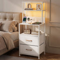 Bedside Table Tall Nightstand with Charging Station Drawers LED White