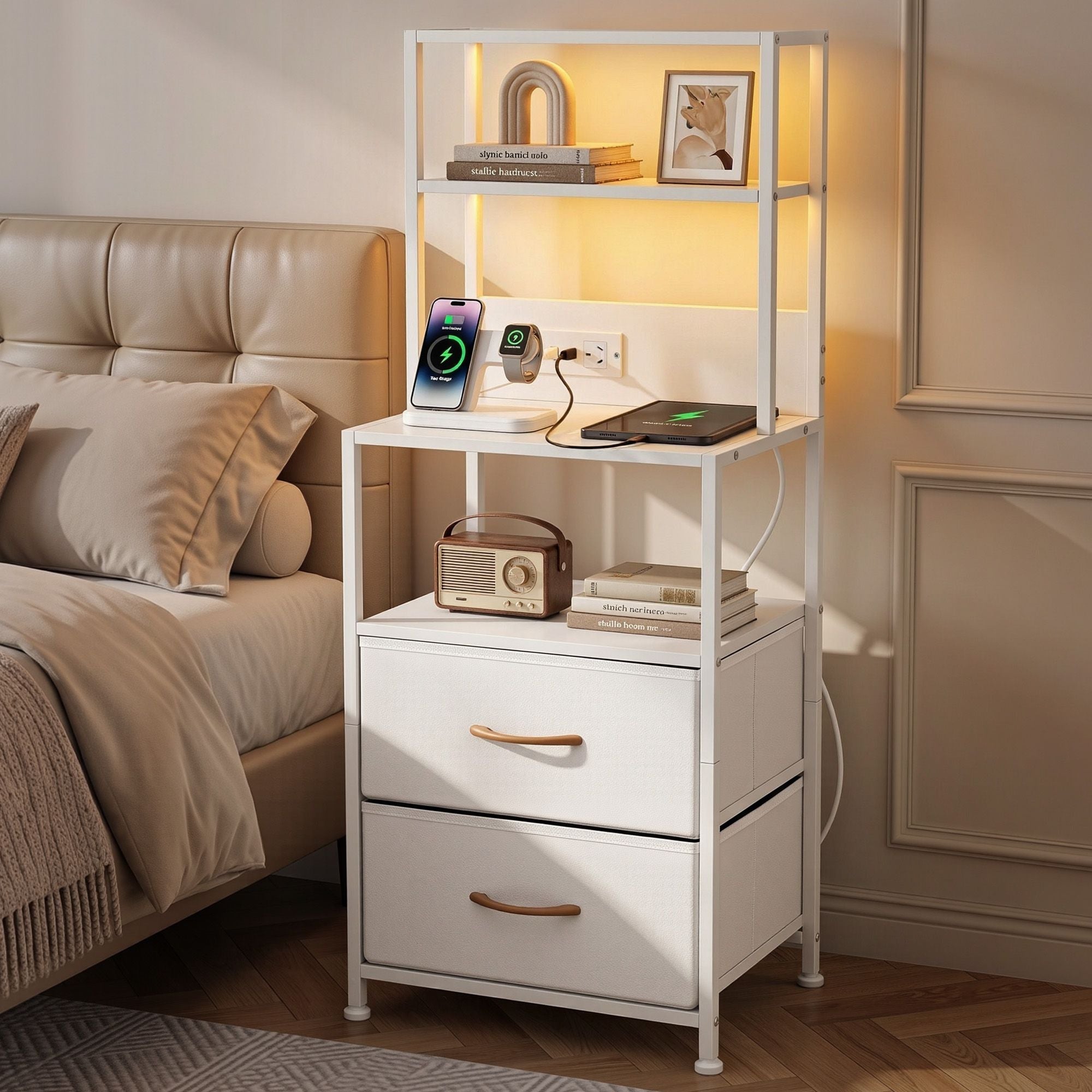 Bedside Table Tall Nightstand with Charging Station Drawers LED White - Furniture > Bedroom > Bedside Tables - Rivercity House & Home Co. (ABN 18 642 972 209) - Affordable Modern Furniture Australia
