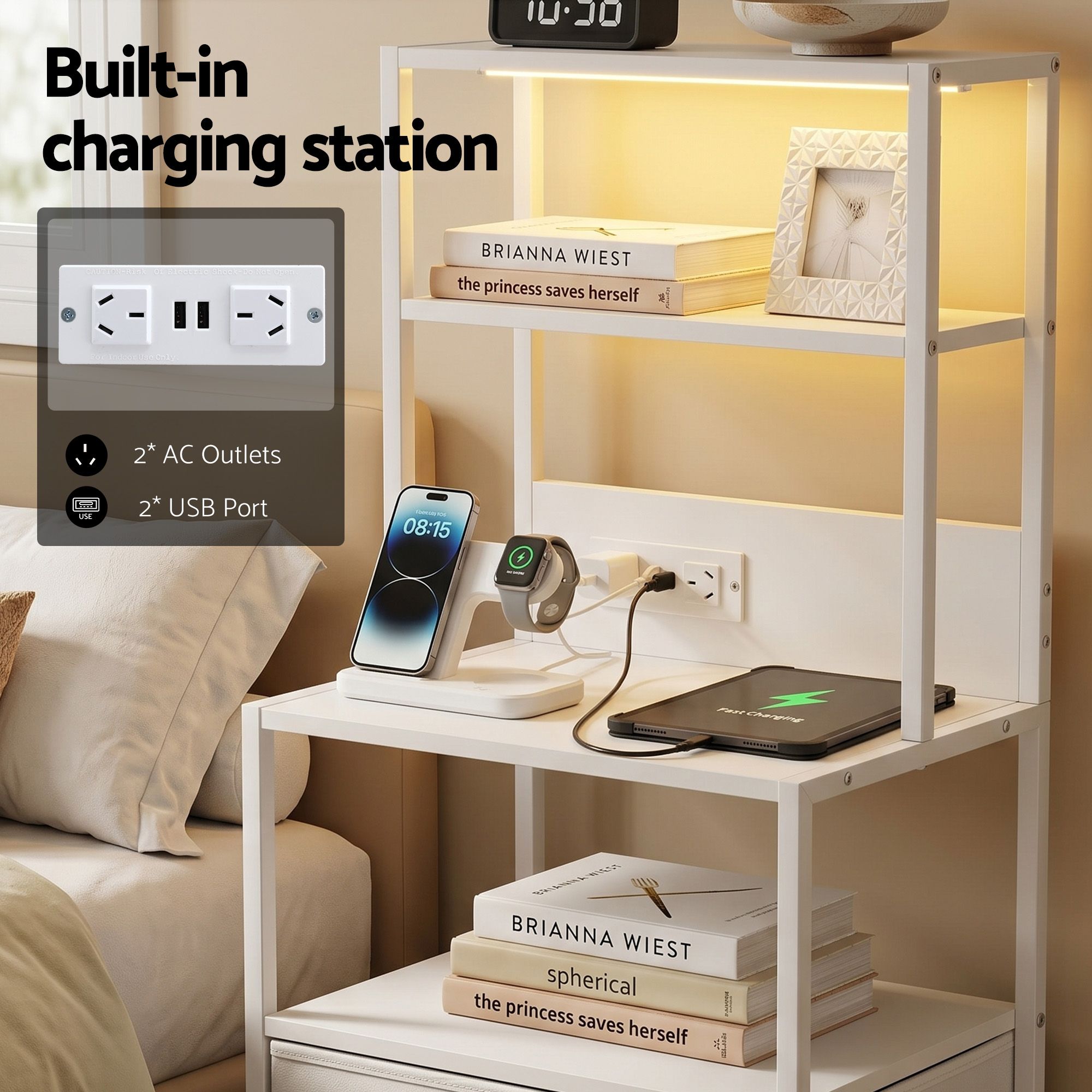 Bedside Table Tall Nightstand with Charging Station Drawers LED White - Furniture > Bedroom > Bedside Tables - Rivercity House & Home Co. (ABN 18 642 972 209) - Affordable Modern Furniture Australia