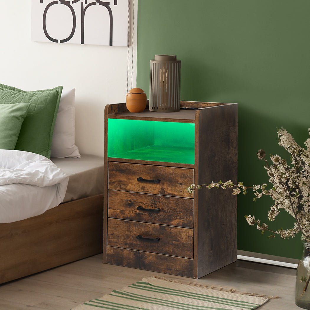Bedside Table USB Charger Outlet LED Oak - Rivercity House & Home Co. (ABN 18 642 972 209) - Affordable Modern Furniture Australia