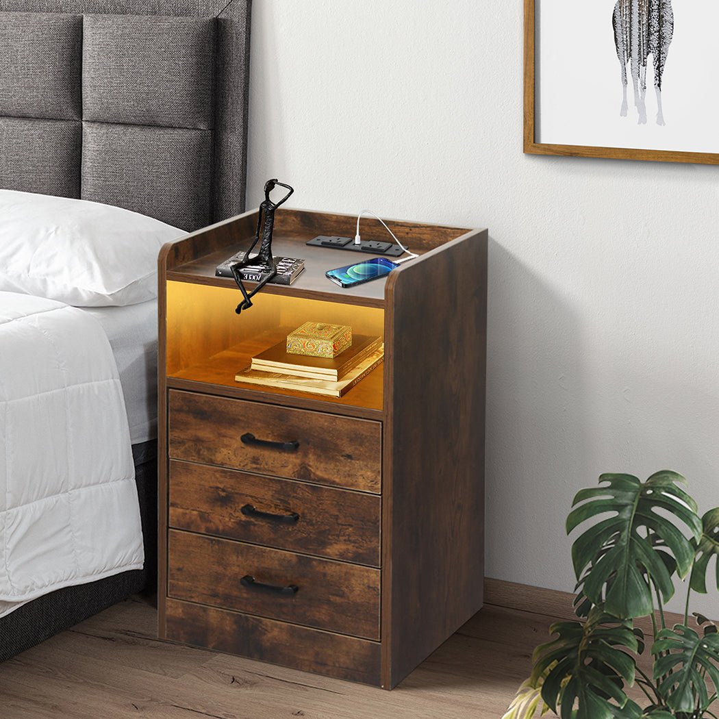 Bedside Table USB Charger Outlet LED Oak - Rivercity House & Home Co. (ABN 18 642 972 209) - Affordable Modern Furniture Australia