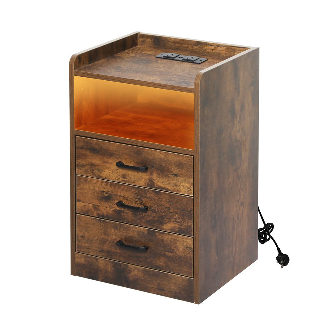 Bedside Table USB Charger Outlet LED Oak - Rivercity House & Home Co. (ABN 18 642 972 209) - Affordable Modern Furniture Australia