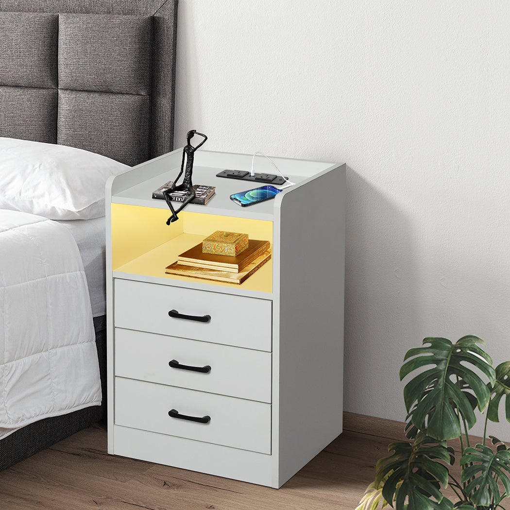 Bedside Table USB Charger Outlet LED White - Rivercity House & Home Co. (ABN 18 642 972 209) - Affordable Modern Furniture Australia