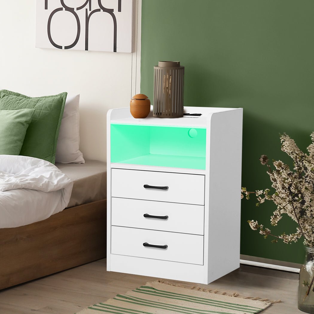 Bedside Table USB Charger Outlet LED White - Rivercity House & Home Co. (ABN 18 642 972 209) - Affordable Modern Furniture Australia