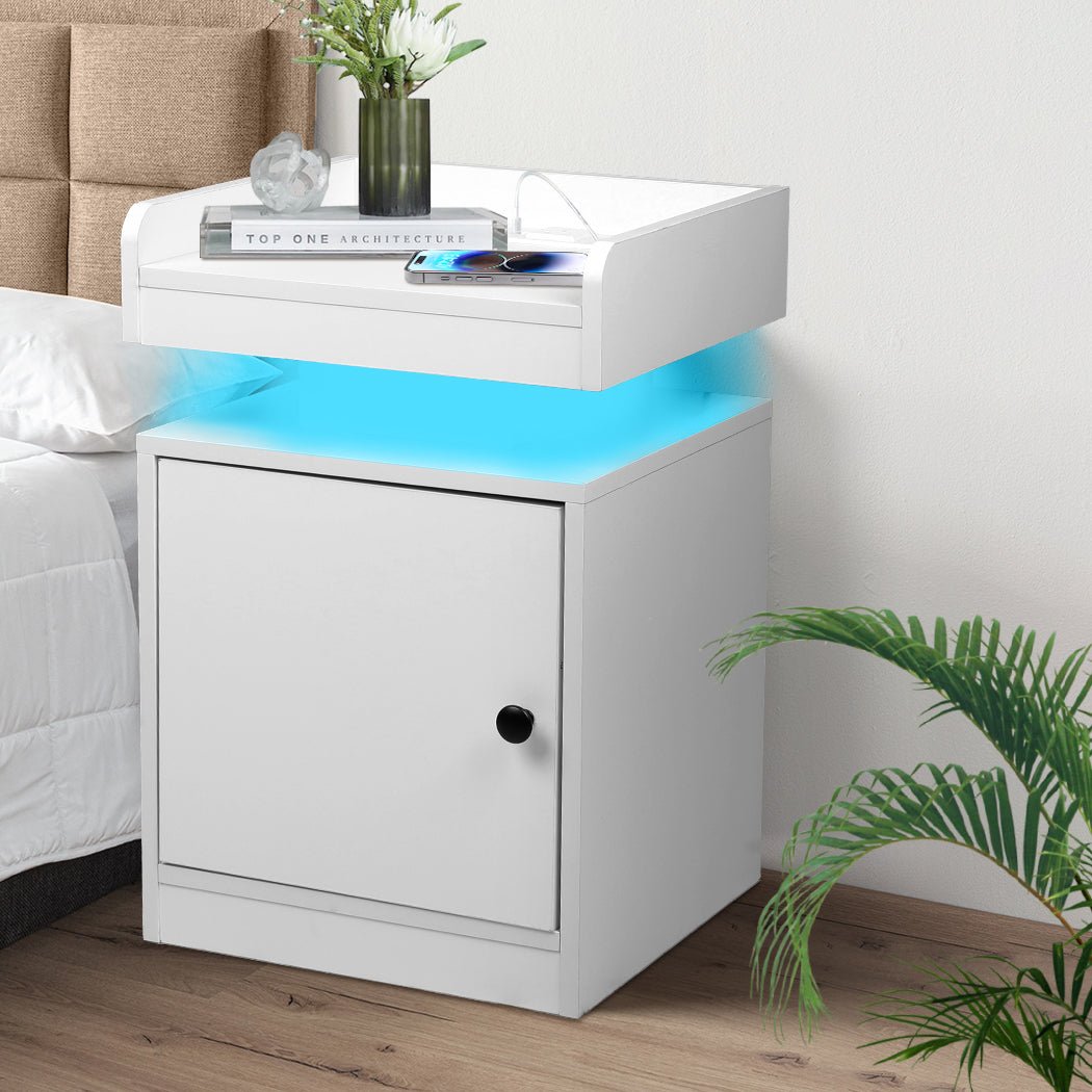 Bedside Table USB Charger Outlet RGB White - Rivercity House & Home Co. (ABN 18 642 972 209) - Affordable Modern Furniture Australia