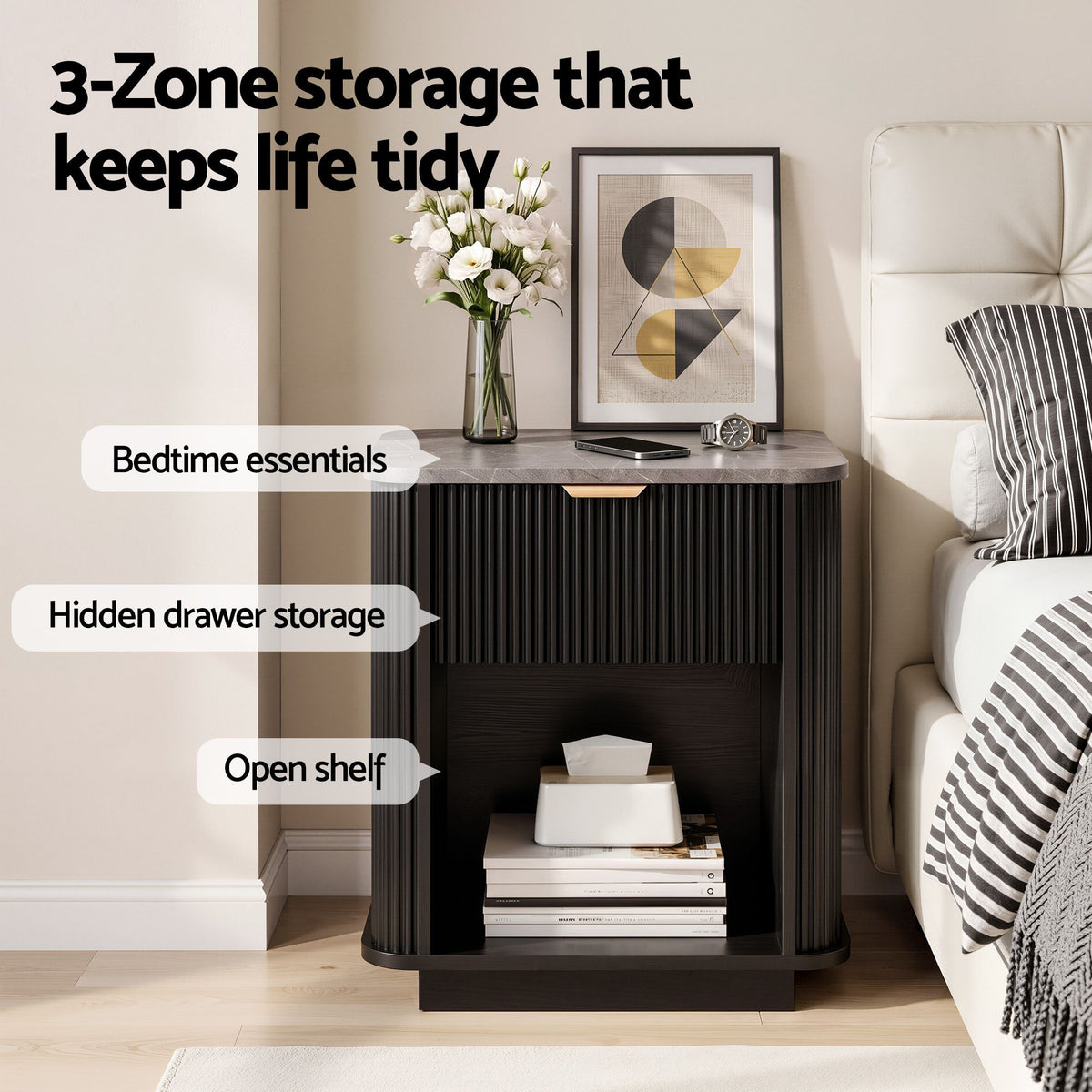 Bedside Table with 1 Drawer and Marble-Effect Top Side Table - Black - Furniture > Bedroom > Bedside Tables - Rivercity House & Home Co. (ABN 18 642 972 209) - Affordable Modern Furniture Australia