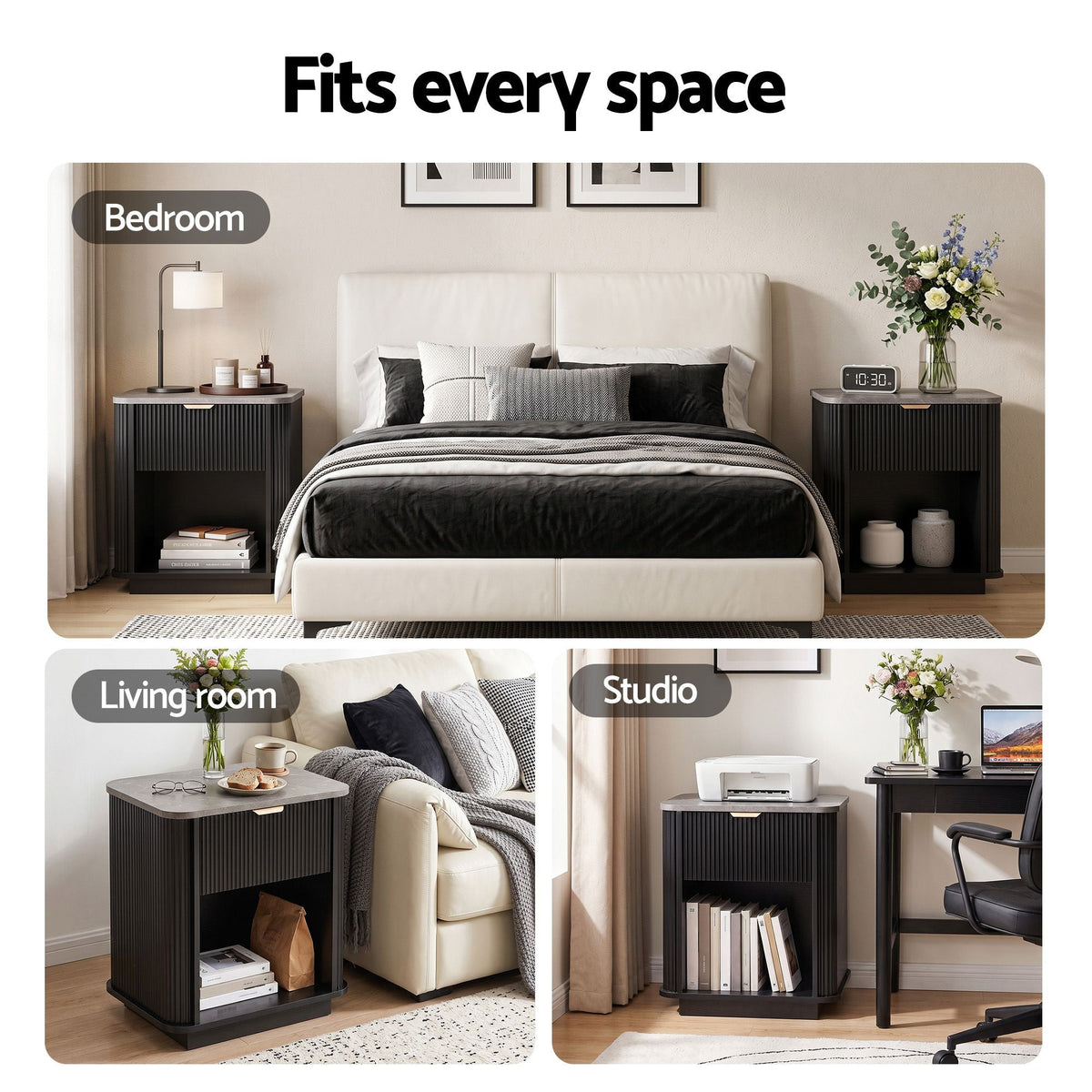 Bedside Table with 1 Drawer and Marble-Effect Top Side Table - Black - Furniture > Bedroom > Bedside Tables - Rivercity House & Home Co. (ABN 18 642 972 209) - Affordable Modern Furniture Australia