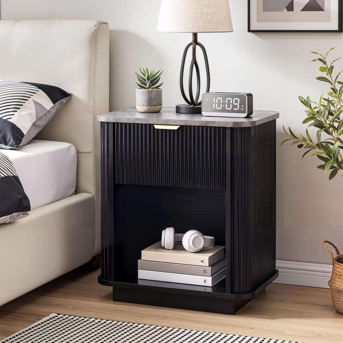Bedside Table with 1 Drawer and Marble-Effect Top Side Table - Black - Furniture > Bedroom > Bedside Tables - Rivercity House & Home Co. (ABN 18 642 972 209) - Affordable Modern Furniture Australia