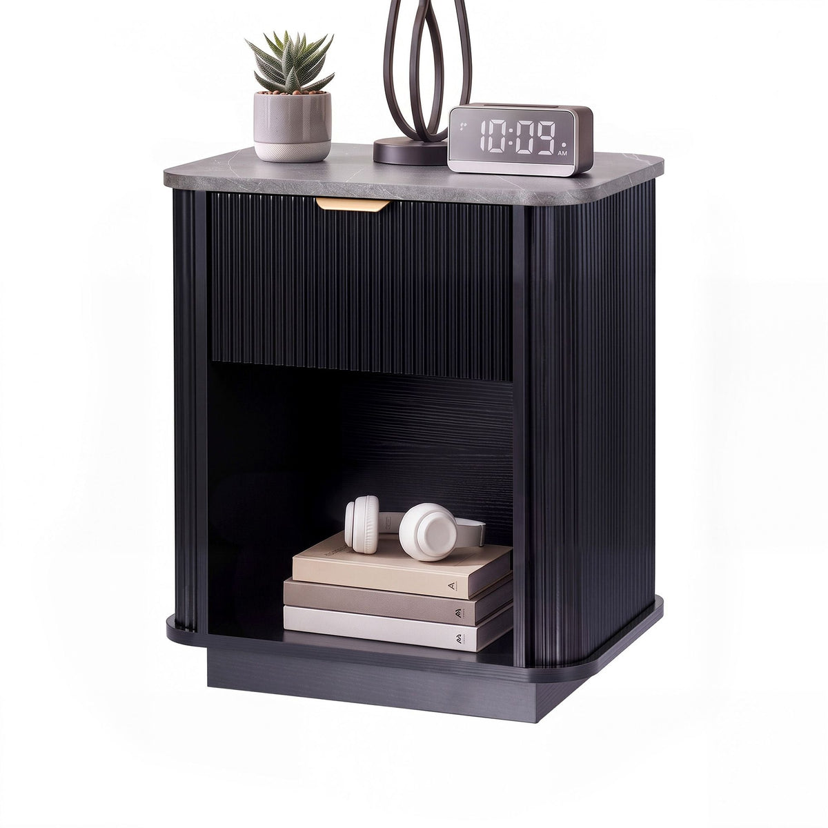 Bedside Table with 1 Drawer and Marble-Effect Top Side Table - Black - Furniture > Bedroom > Bedside Tables - Rivercity House & Home Co. (ABN 18 642 972 209) - Affordable Modern Furniture Australia