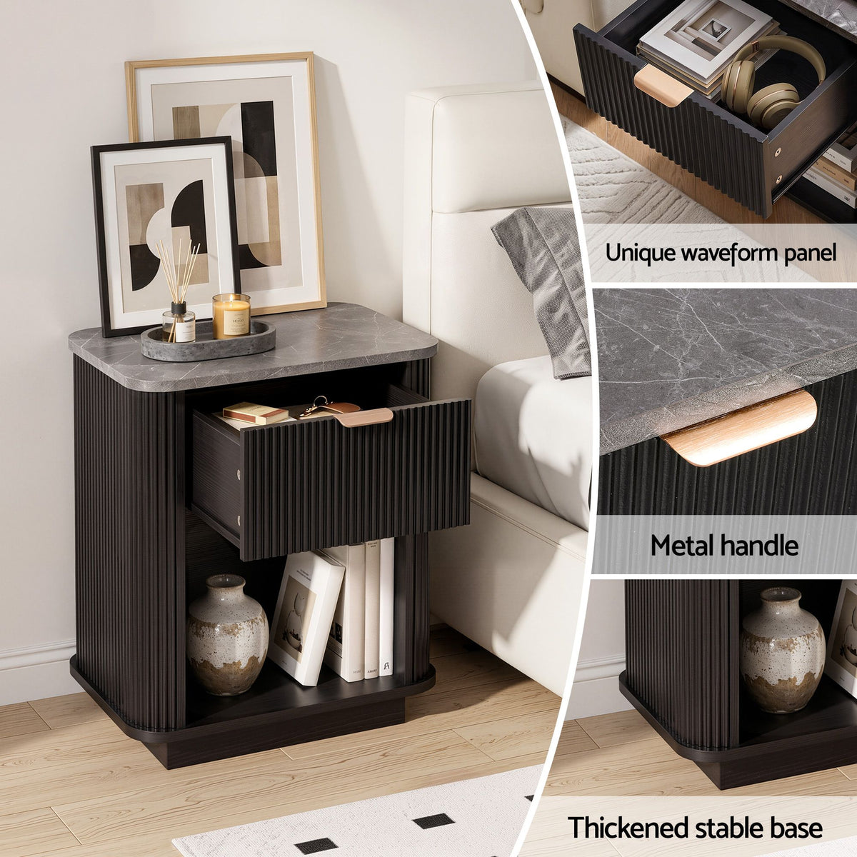 Bedside Table with 1 Drawer and Marble-Effect Top Side Table - Black - Furniture > Bedroom > Bedside Tables - Rivercity House & Home Co. (ABN 18 642 972 209) - Affordable Modern Furniture Australia