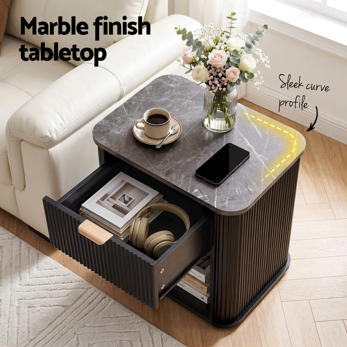 Bedside Table with 1 Drawer and Marble-Effect Top Side Table - Black - Furniture > Bedroom > Bedside Tables - Rivercity House & Home Co. (ABN 18 642 972 209) - Affordable Modern Furniture Australia