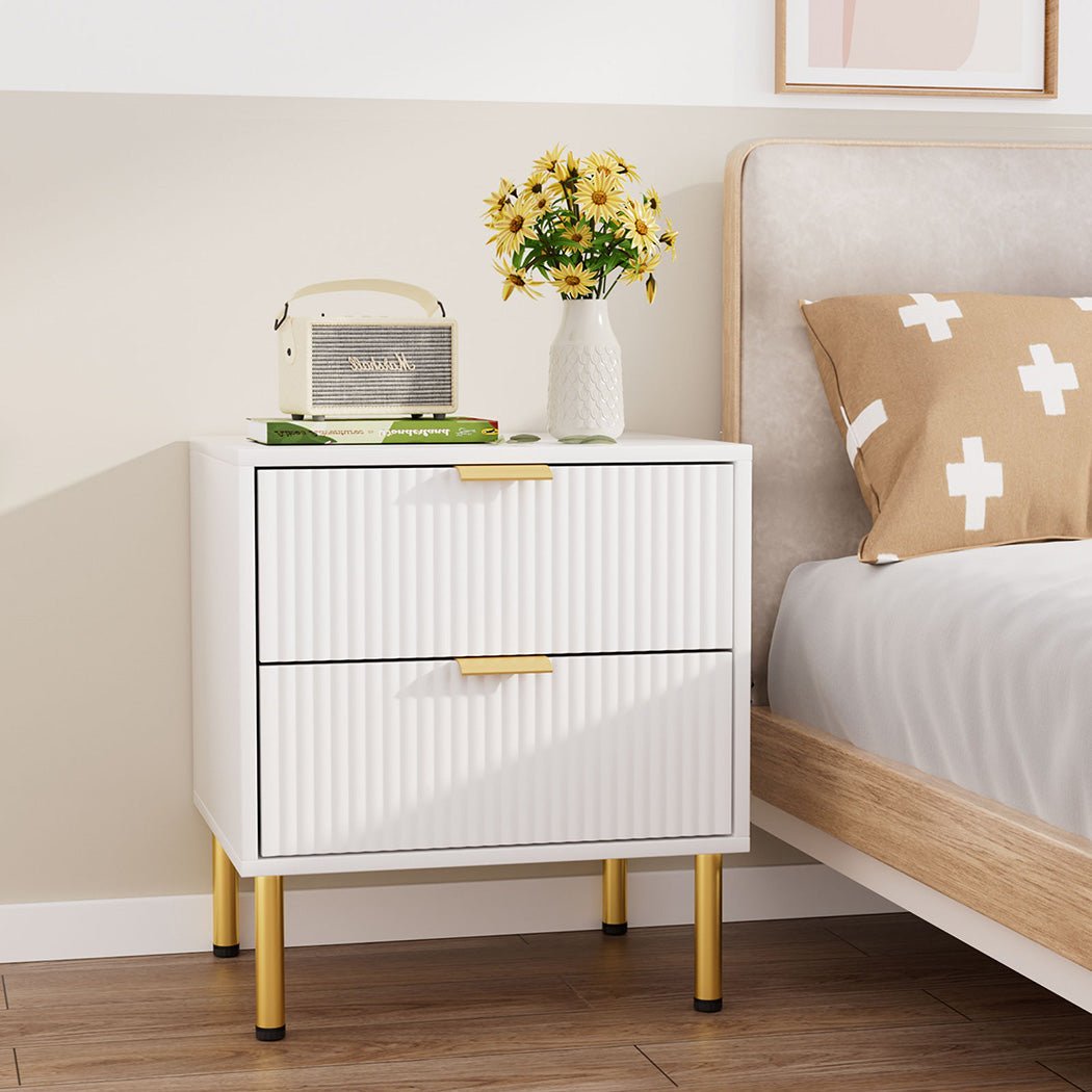 Bedside Table with 2 Drawers White Metal Legs - Rivercity House & Home Co. (ABN 18 642 972 209) - Affordable Modern Furniture Australia