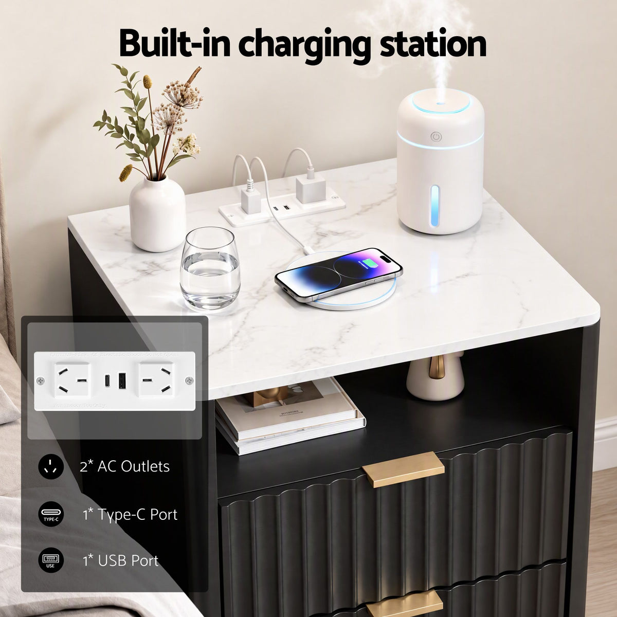 Bedside Table with Charging Station and 2 Drawers - Black - Furniture > Bedroom > Bedside Tables - Rivercity House & Home Co. (ABN 18 642 972 209) - Affordable Modern Furniture Australia