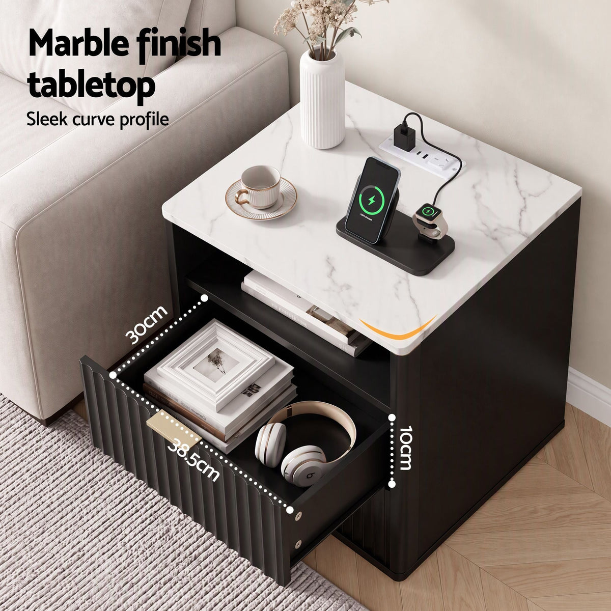 Bedside Table with Charging Station and 2 Drawers - Black - Furniture > Bedroom > Bedside Tables - Rivercity House & Home Co. (ABN 18 642 972 209) - Affordable Modern Furniture Australia