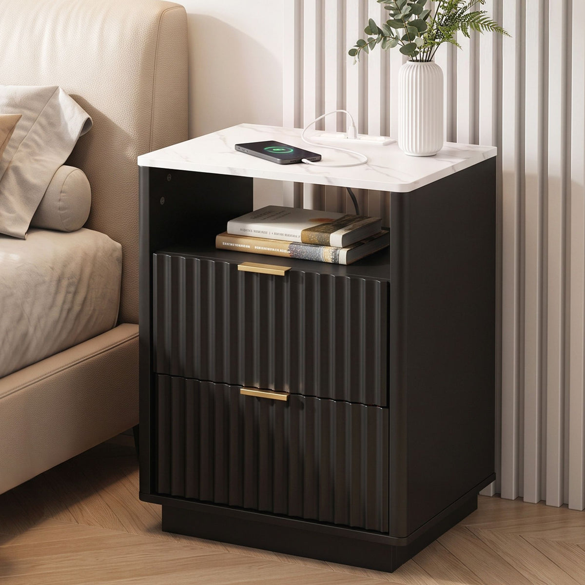 Bedside Table with Charging Station and 2 Drawers - Black - Furniture > Bedroom > Bedside Tables - Rivercity House & Home Co. (ABN 18 642 972 209) - Affordable Modern Furniture Australia