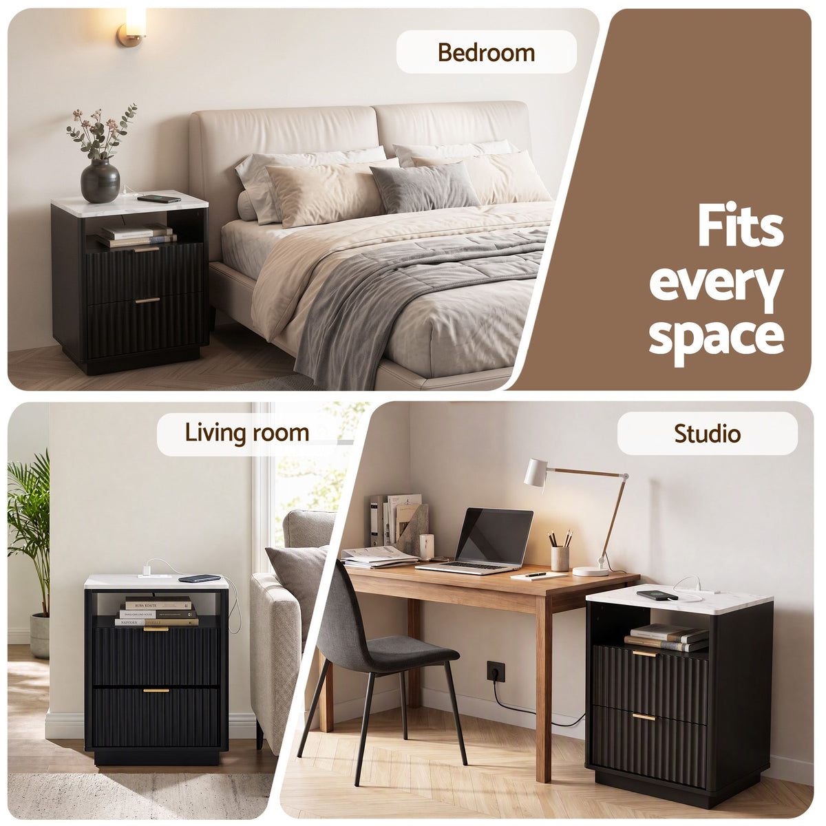 Bedside Table with Charging Station and 2 Drawers - Black - Furniture > Bedroom > Bedside Tables - Rivercity House & Home Co. (ABN 18 642 972 209) - Affordable Modern Furniture Australia