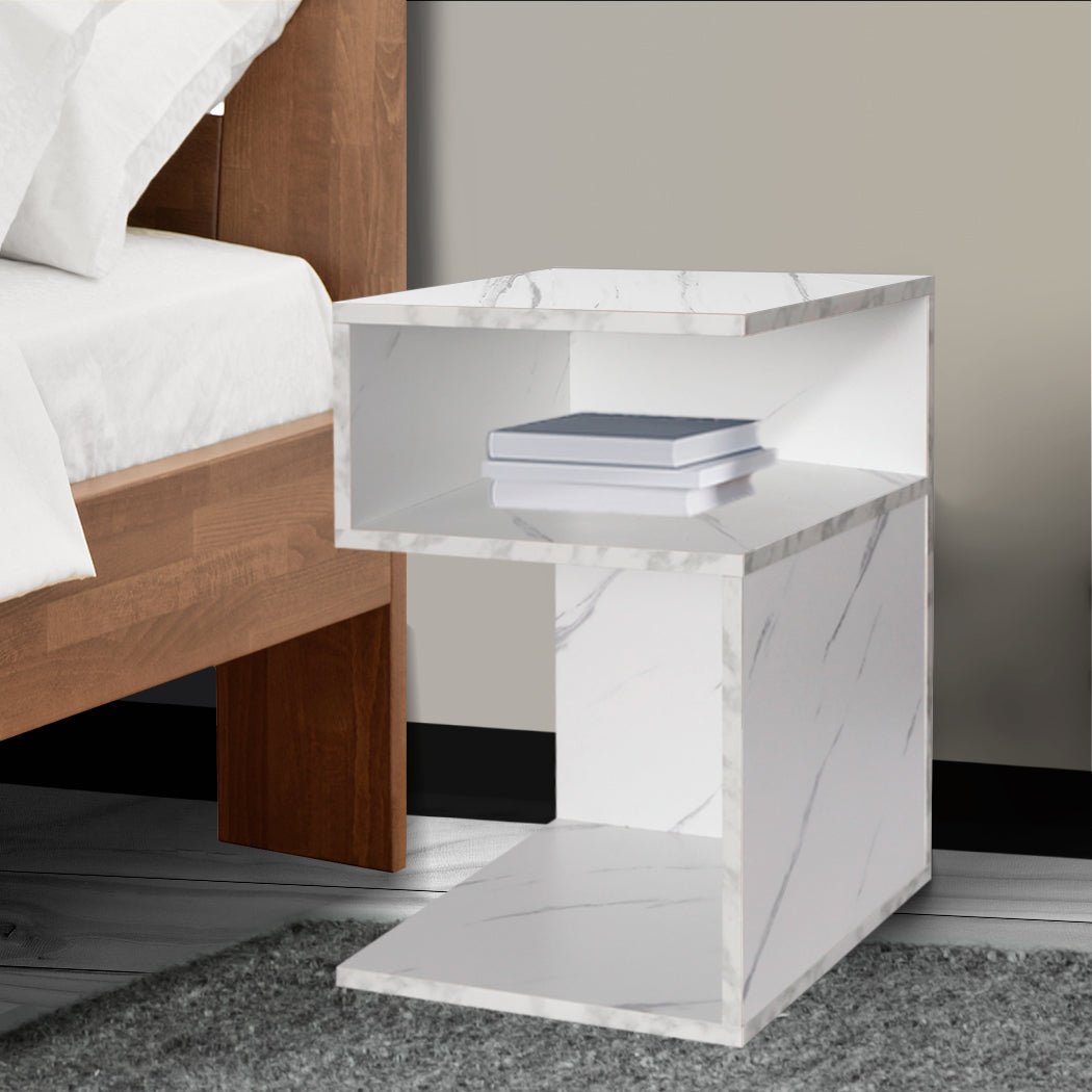 Bedside Table with Drawers and Open Shelves 33x33x50cm - Marbled White - Rivercity House & Home Co. (ABN 18 642 972 209) - Affordable Modern Furniture Australia