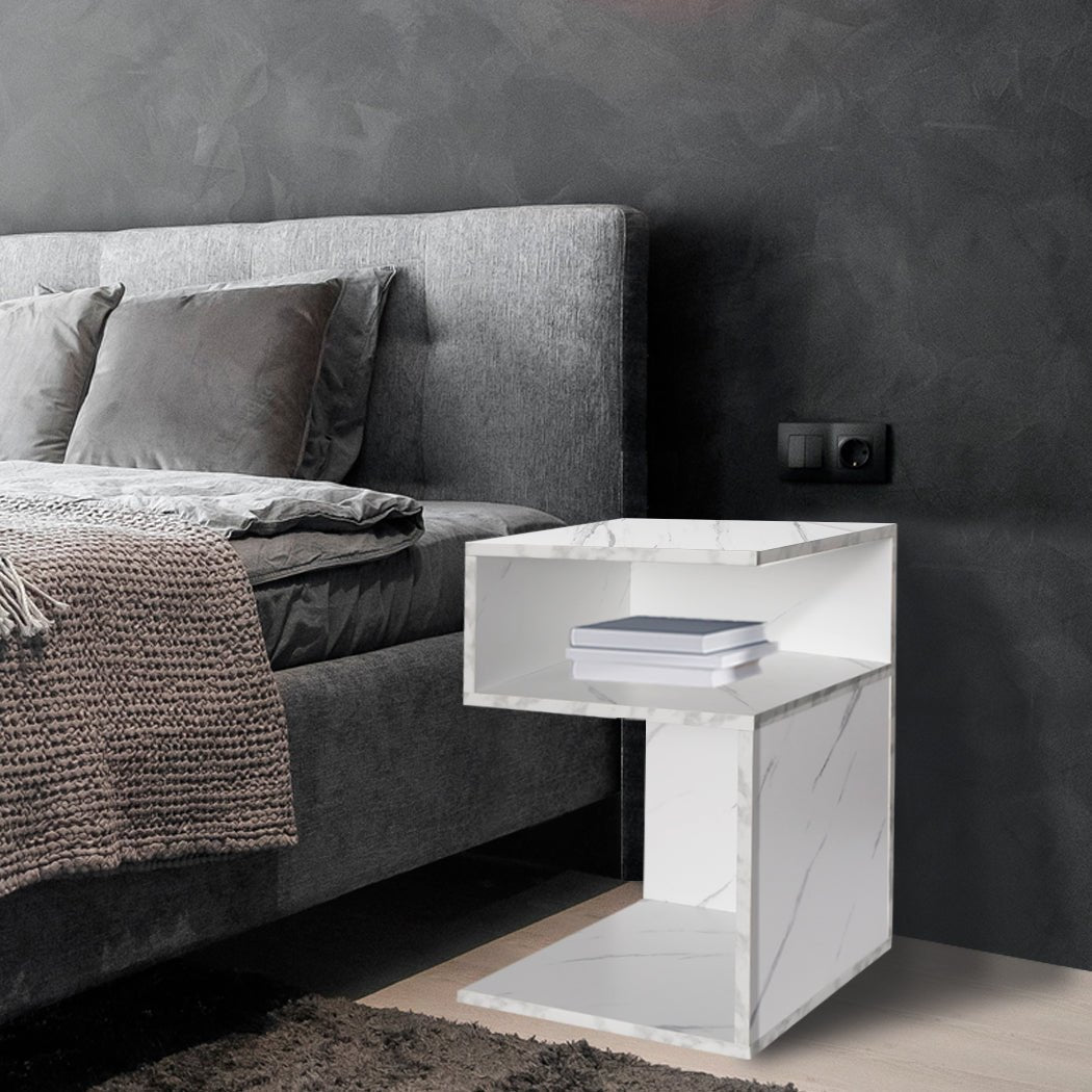 Bedside Table with Drawers and Open Shelves 33x33x50cm - Marbled White - Rivercity House & Home Co. (ABN 18 642 972 209) - Affordable Modern Furniture Australia