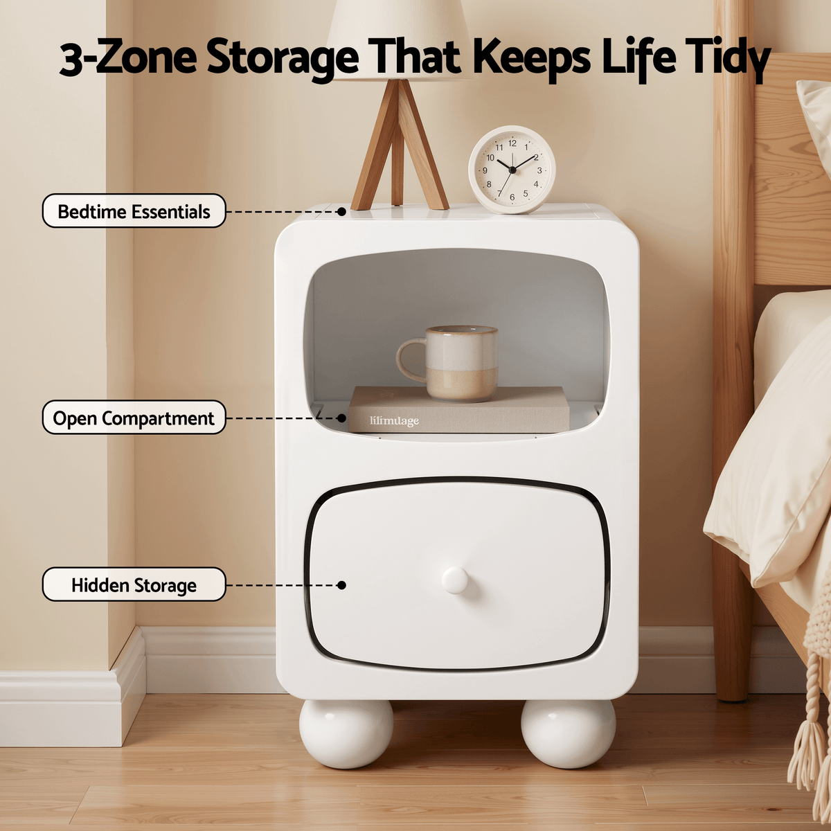 Bedside Table with Storage Drawer and Pine Wood Legs - White - Furniture > Bedroom > Bedside Tables - Rivercity House & Home Co. (ABN 18 642 972 209) - Affordable Modern Furniture Australia