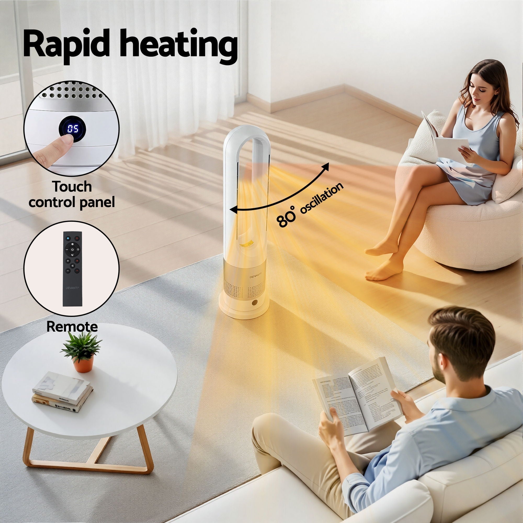 Bladeless Tower Fan Heater and Cooler 2in1 Portable Oscillation Fan for Bedroom Room Office Use White - Appliances > Heaters > Electric Heaters - Rivercity House & Home Co. (ABN 18 642 972 209) - Affordable Modern Furniture Australia