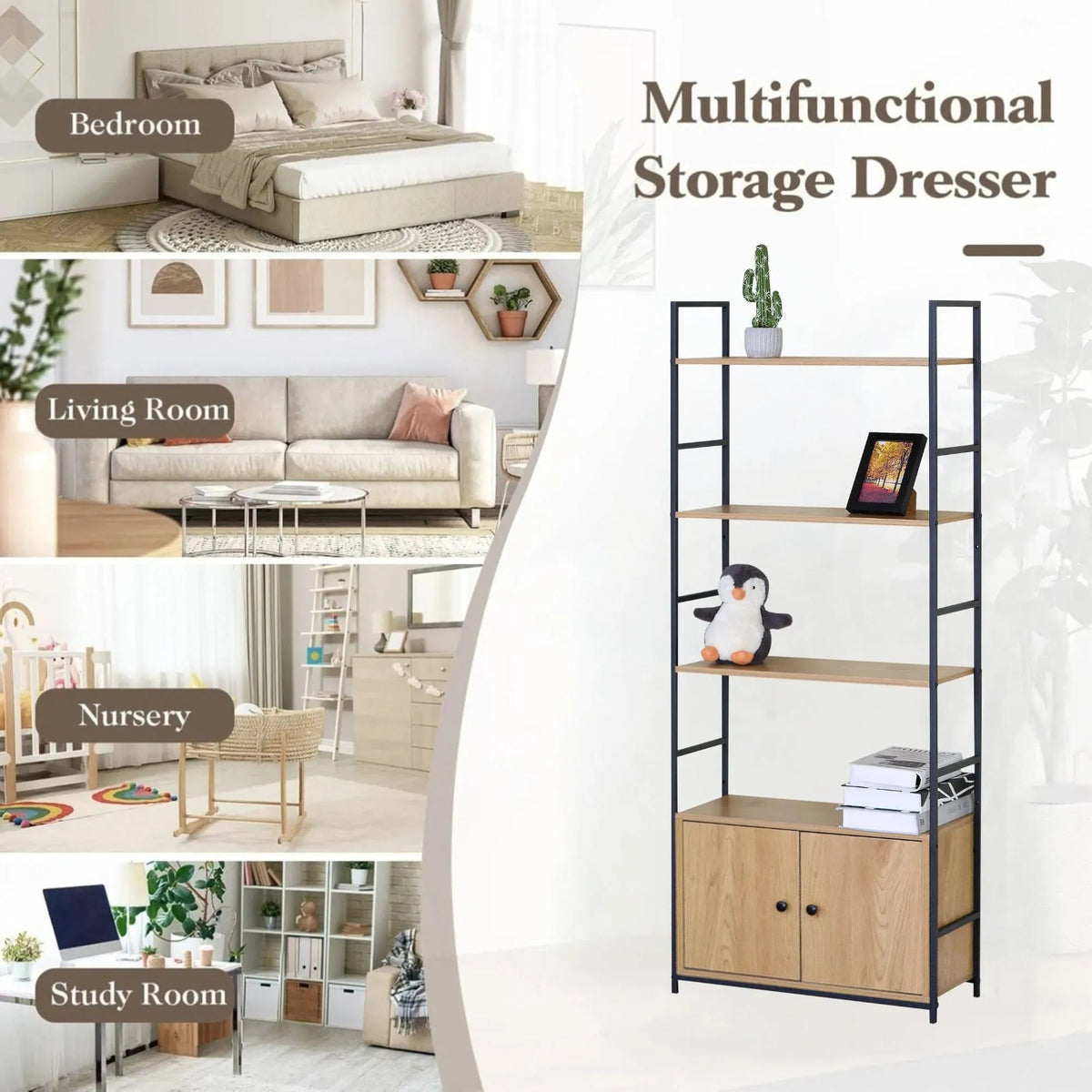 Bookcase with 4 Shelves and Cabinet Storage - Brown Oak - Furniture > Living Room > Bookcases & Shelves - Rivercity House & Home Co. (ABN 18 642 972 209) - Affordable Modern Furniture Australia