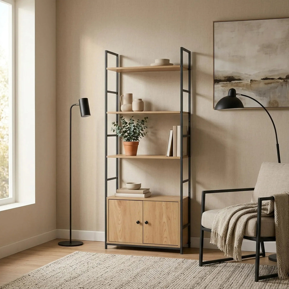 Bookcase with 4 Shelves and Cabinet Storage - Brown Oak - Furniture > Living Room > Bookcases & Shelves - Rivercity House & Home Co. (ABN 18 642 972 209) - Affordable Modern Furniture Australia