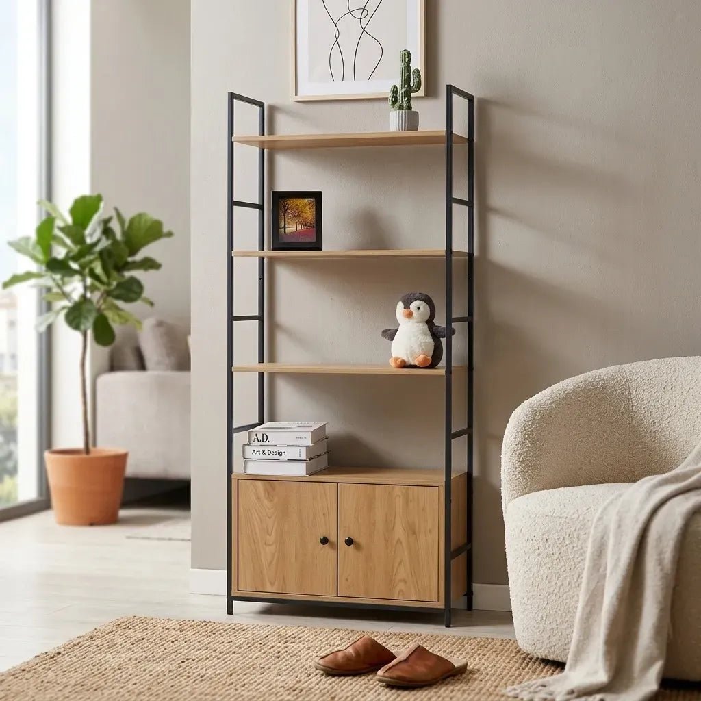 Bookcase with 4 Shelves and Cabinet Storage - Brown Oak - Furniture > Living Room > Bookcases & Shelves - Rivercity House & Home Co. (ABN 18 642 972 209) - Affordable Modern Furniture Australia