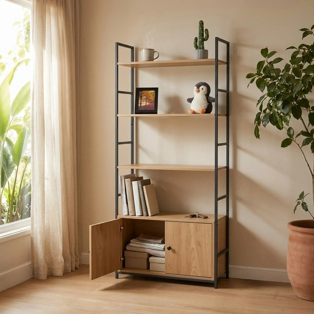 Bookcase with 4 Shelves and Cabinet Storage - Brown Oak - Furniture > Living Room > Bookcases & Shelves - Rivercity House & Home Co. (ABN 18 642 972 209) - Affordable Modern Furniture Australia